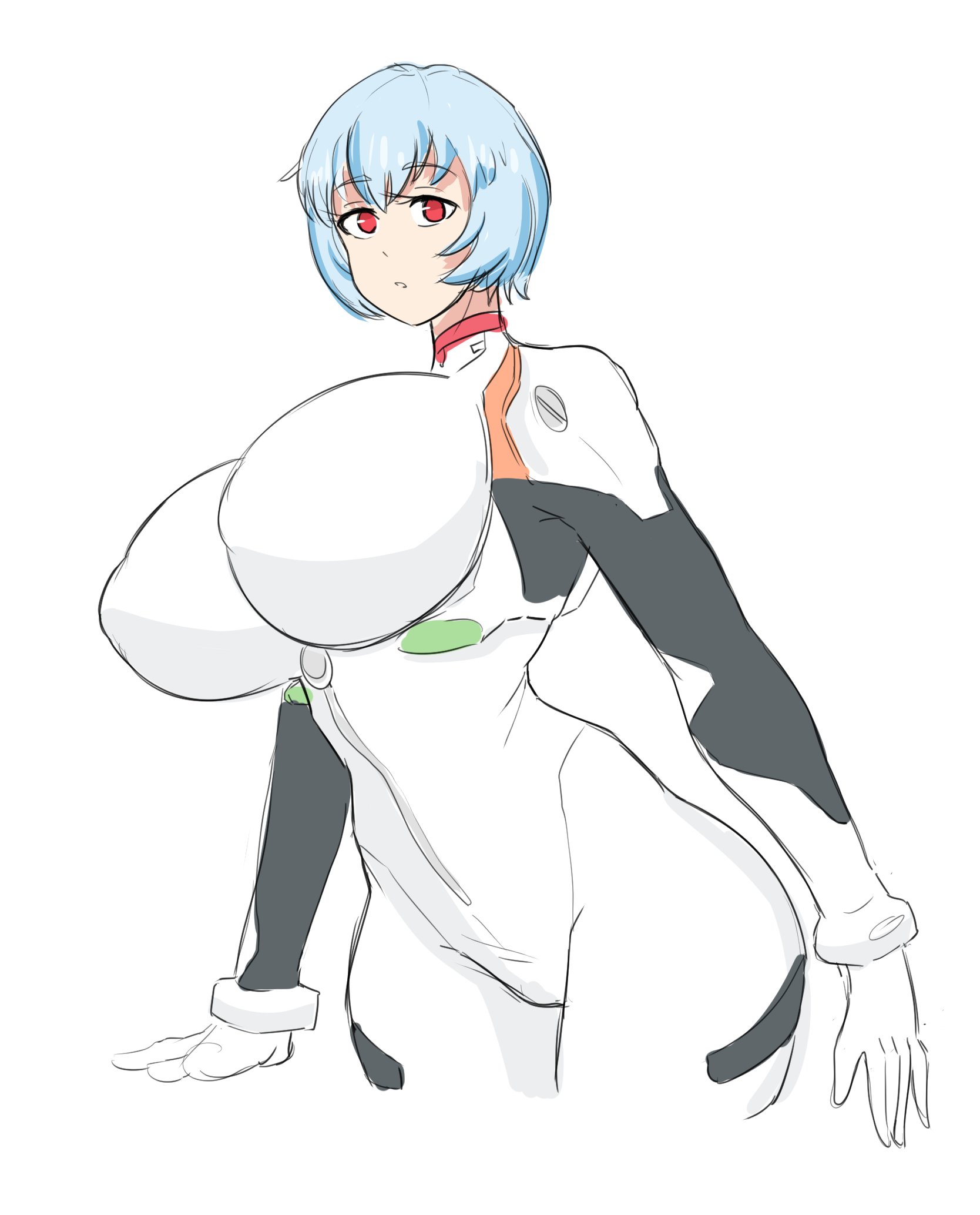 aged up, blue hair, breasts, cartoon network, clothing, female, large breasts, neon genesis evangelion, plugsuit, red eyes, rei ayanami, rexcrash64, skin tight, toonami