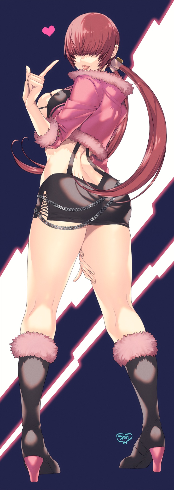 ass boots breasts brown_hair cleavage cleavage_cutout clothing_cutout cropped_jacket earrings female hair_over_eyes highres jewelry king_of_fighters large_breasts lips lipstick long_hair looking_at_viewer makeup miniskirt murata_tefu ponytail red_hair shermie_(kof) skirt smile solo split_ponytail twintails