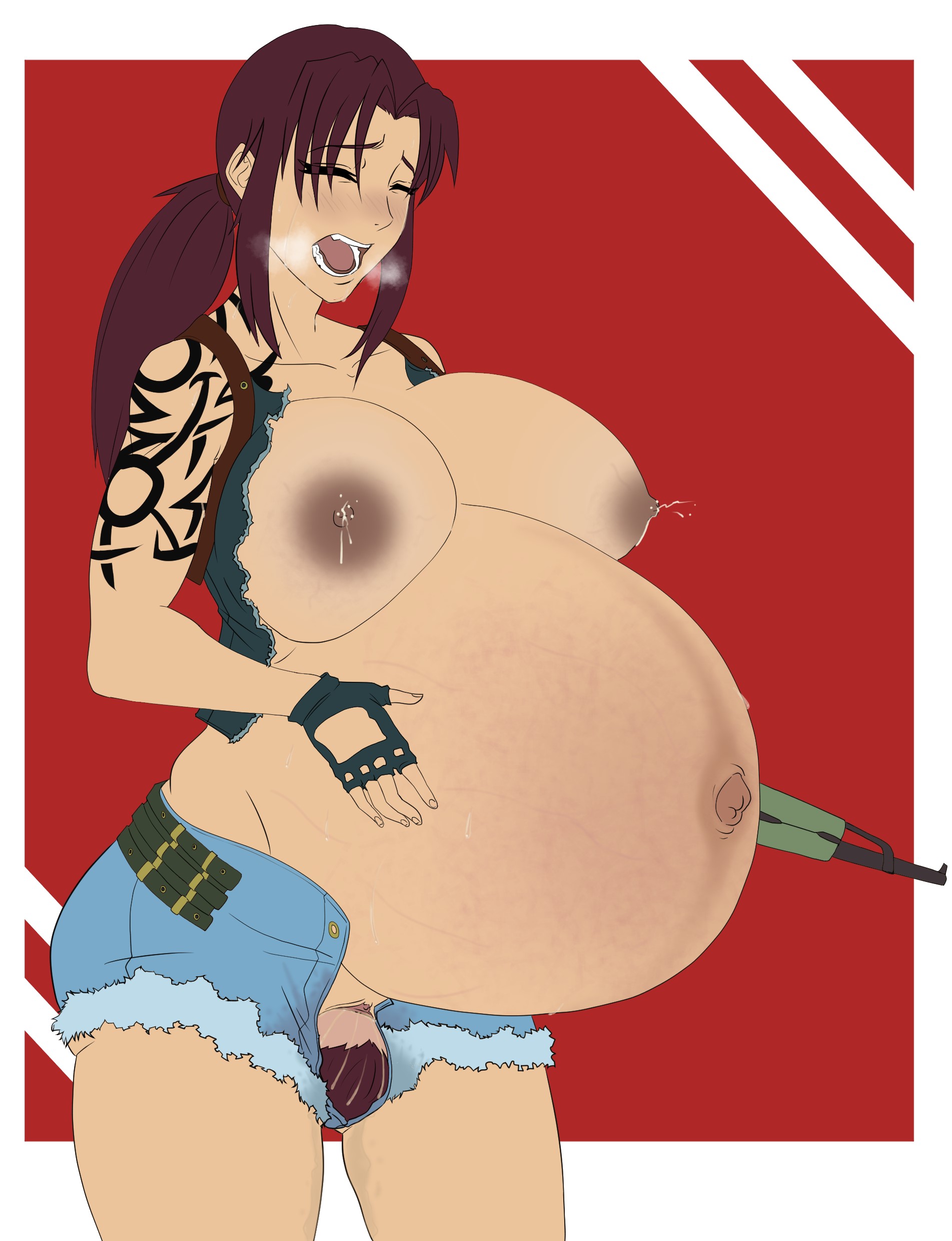 1girls, amniotic fluid, areolae, ass, belly, big ass, big belly, big breasts, birth, black lagoon, blush, breasts, clone66, clothing, commission, commissioner upload, crowning, crying, female, female only, fingerless gloves, giving birth, gloves, hand on stomach, labor, lactation, linea nigra, long hair, looking down, navel, nipples, normal birth, outie navel, partially clothed, ponytail, popped navel, pregnant, ready to pop, revy, short shorts, shorts, simple background, solo, standing, stressed belly, tan, tank top, tattoo, topless, torn clothes, veiny belly, yellow eyes
