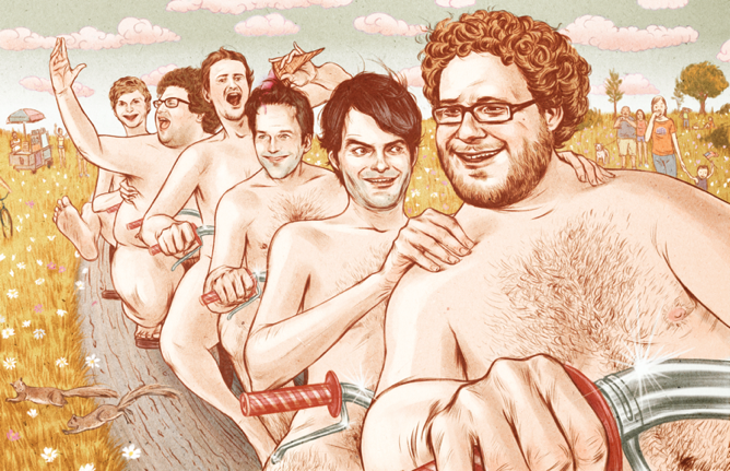 6boys actor artist_request bicycle bill_hader caucasian caucasian_male celebrity hand_on_shoulder hands_on_shoulders human human_only ice_cream jason_segel jonah_hill male male_only michael_cera nudity paul_rudd public public_nudity real_person seth_rogen squirrel