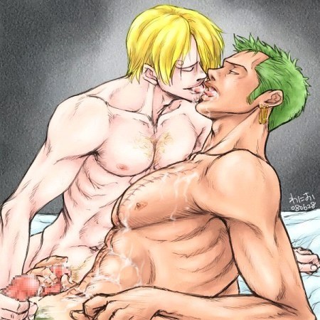 2boys blonde_hair cum cum_on_body cum_on_self gay green_hair handjob human lowres male male_only multiple_boys multiple_males muscles nude o9o one_piece penis roronoa_zoro straight_hair tongue vinsmoke_sanji yaoi