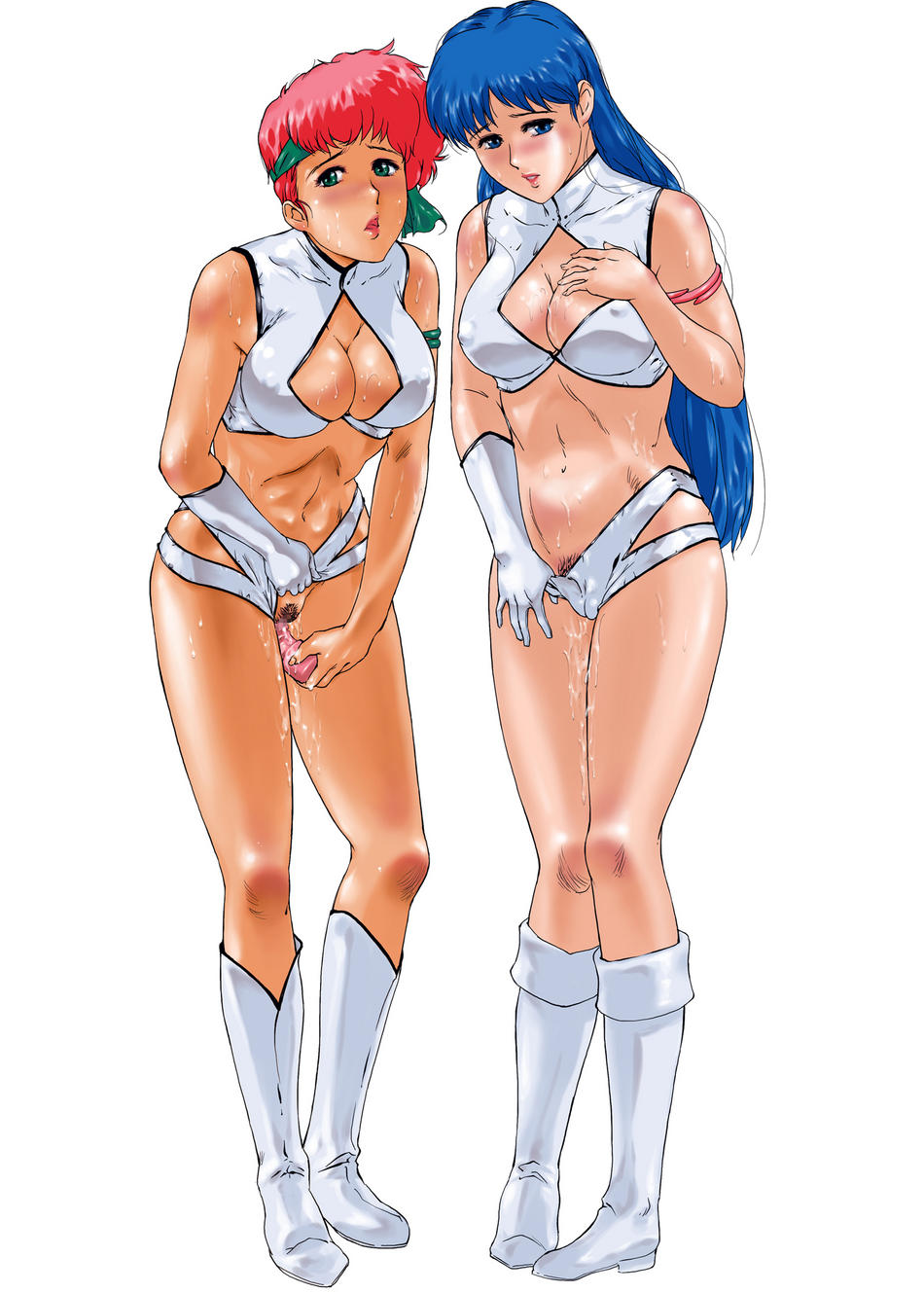 2girls blue_hair breasts censored dirty_pair duo female hair kei_(dirty_pair) mine_(peak) yuri_(dirty_pair)