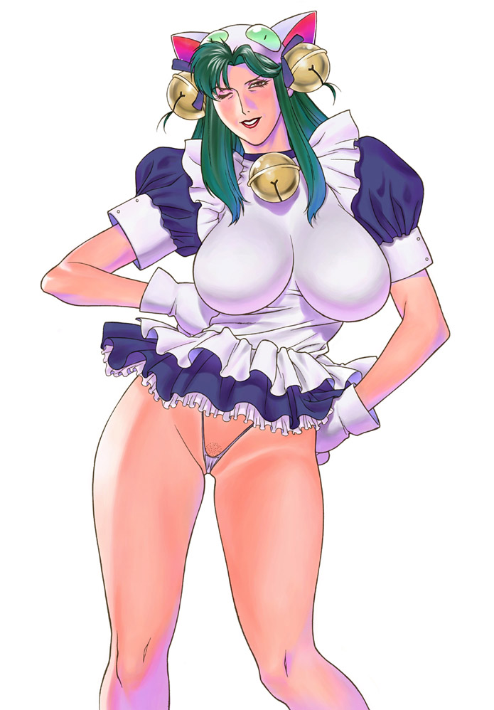 1990s 1999 1girls 20th_century apron bell breasts cat_hat cat_paws cima_garahau cowboy_shot curvaceous dejiko_(cosplay) di_gi_charat dress female green_hair gundam gundam_0083 hair_bell hat human large_breasts light-skinned_female light_skin long_hair mature mature_woman motchie_kingdom neck_bell panties skirt tagme villainess white_background