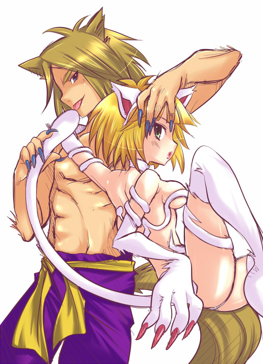 00s 1girls 2000s 2009 ai_kaminari animal_ears animal_tail blonde blonde_hair blush breasts cat_ears cleavage clothing cosplay darkstalkers duo felicia_(cosplay) female gan_takada hat human koari light-skinned_female light_skin male medium_breasts naked nude short_hair small_breasts tail time_bokan_(series) white_background yatterman