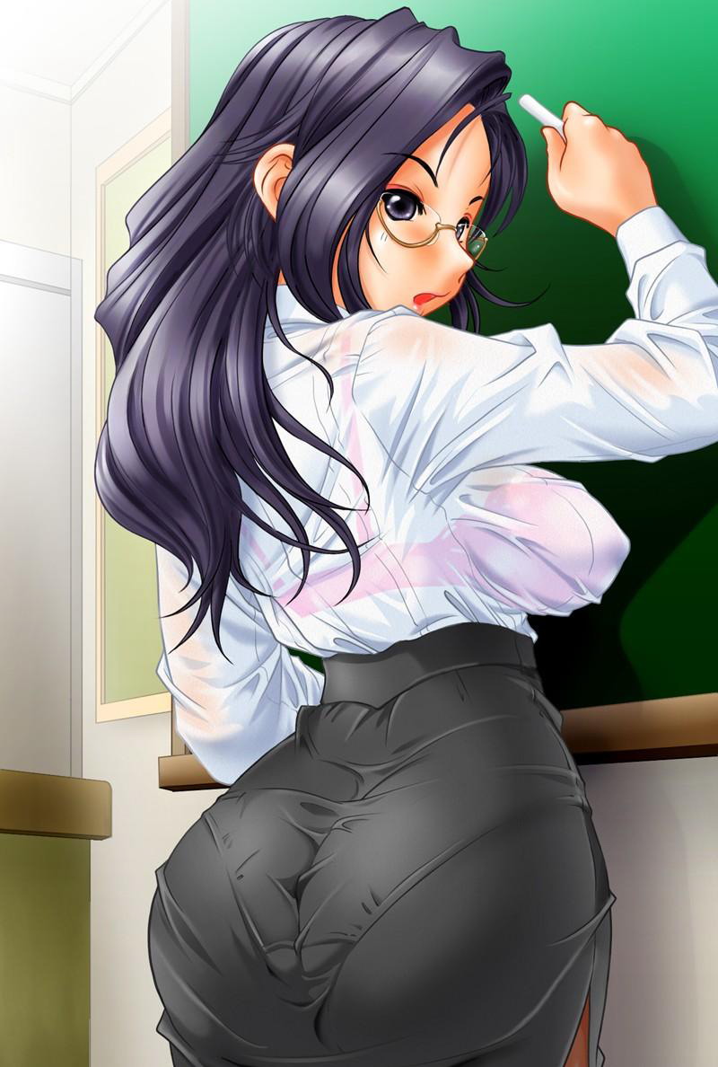 1girls, artist request, ass, bra, breasts, character request, copyright request, female, glasses, looking back, panties, purple eyes, purple hair, see-through, solo, teacher, tight clothes