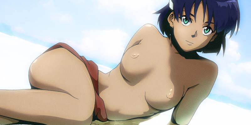 1girls 2009 breasts curvaceous dark-skinned_female dark_skin face female female_only fushigi_no_umi_no_nadia gainax green_eyes human large_breasts looking_at_viewer nadia_la_arwall nipples on_side princess pu-chin purple_hair short_hair solo topless wide_hips