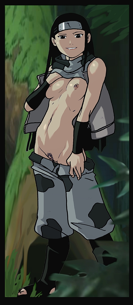 1girls black_eyes black_hair black_pubic_hair boots breasts female female_only forehead_protector forest ganassa headband human human_only in_the_woods kin_tsuchi long_hair looking_at_viewer naruto naruto_(classic) nipples pants_down pubic_hair smile smiling smirk solo woods