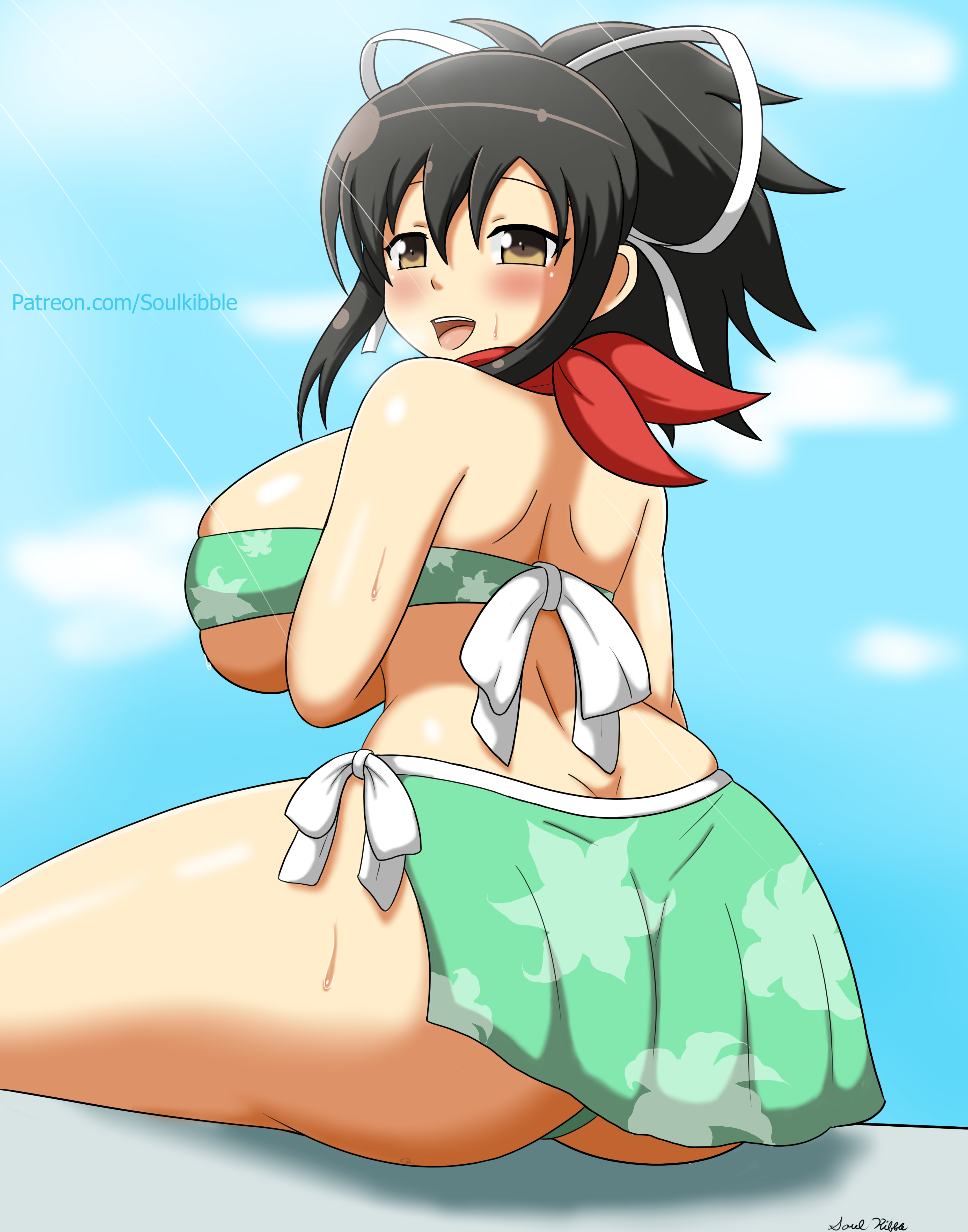 1girls, artist name, artist signature, ass, ass cleavage, ass crack, asuka (senran kagura), big breasts, bikini, black hair, blush, breasts, brown eyes, butt crack, female, female only, hair ribbon, huge breasts, large breasts, open mouth, outdoors, ponytail, scarf, senran kagura, senran kagura (series), sitting, smile, solo, solo female, soulkibble, swimsuit, tagme, thick thighs
