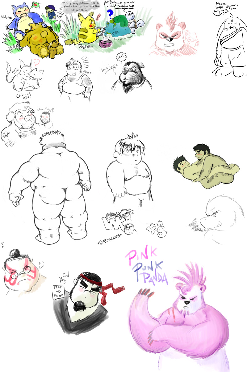 2007 anthro ass bigdudeart blush brown_body brown_fur bulbasaur caesarcub canid canine canis crossover digimon digimon_(species) domestic_dog english_text fatyogi fingering fur gargomon giant_panda hi_res human male male/male mammal moobs nintendo nipples overweight overweight_male pikachu pink_body pink_fur pokémon_(species) pokemon pokemon_(species) raichu sex sitting snorlax squirtle teddiursa text ursaring ursid video_games wedgekun young