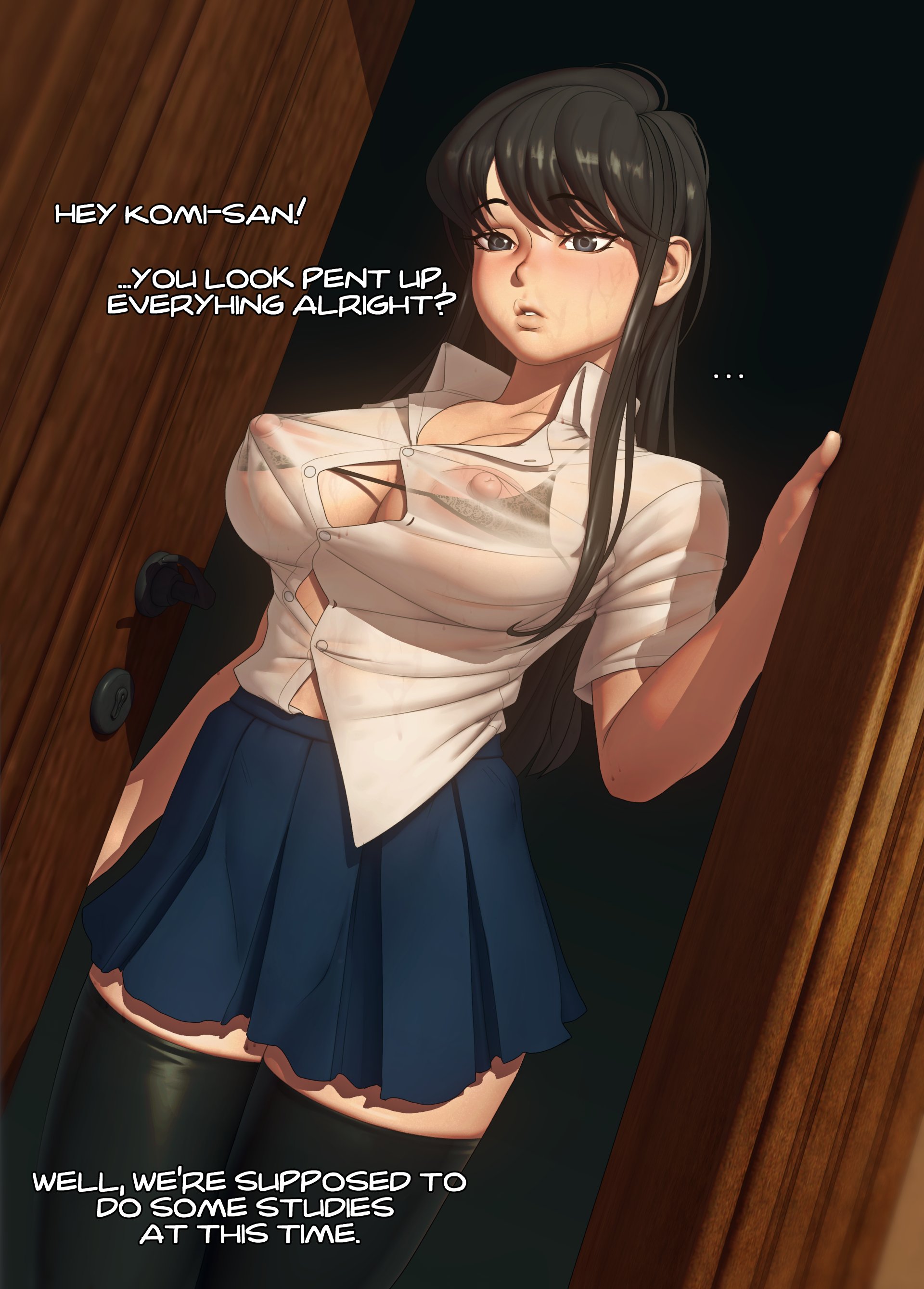 1girls, asian, black hair, blush, bra, breasts, button gap, doorway, female, fringe, grey eyes, john doe, komi shouko, komi-san wa komyushou desu, large breasts, long hair, nipple bulge, nipples visible through clothing, petite, pleated skirt, school uniform, schoolgirl, see-through shirt, skirt, standing in doorway, text, thighhighs, transparent clothing