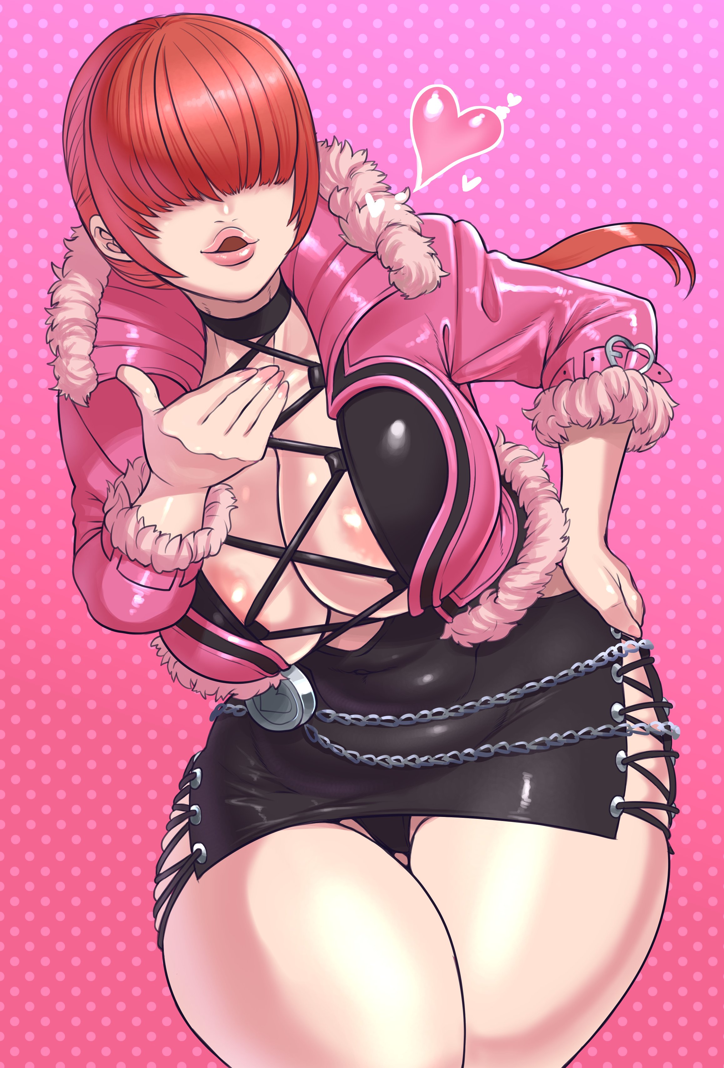 1girls, big breasts, breasts, female, hair over eyes, heart, king of fighters, minami aomori, panties, red hair, shermie (kof), skirt, snk, thick thighs