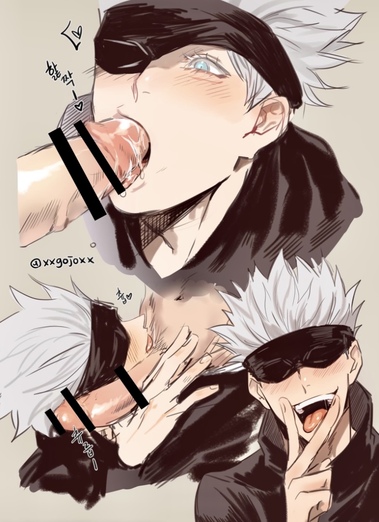 blindfold, blowjob, blue eyes, blush, bodily fluids, censor bar, censored, censored penis, clothing, cum, fellatio, genital fluids, genitals, jujutsu kaisen, male, male only, male/male, multiple boys, multiple males, penis, penis in mouth, pubes, pubic hair, satoru gojo, tongue, tongue out, unknown male, white hair, xxgojoxx, yaoi