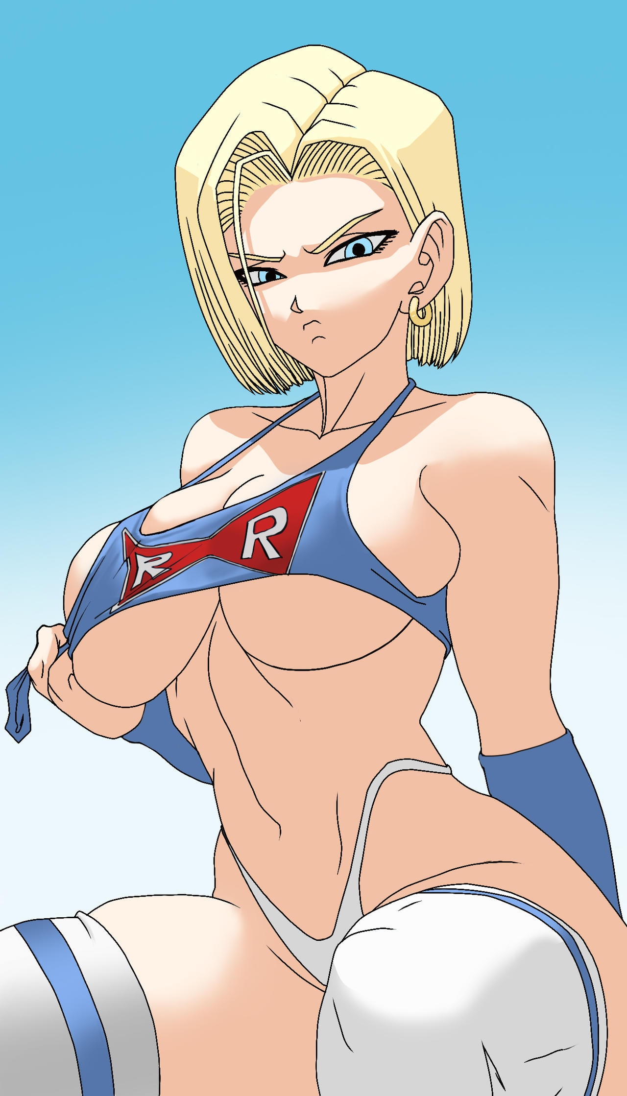 1girls, alternate costume, android, android 18, angry, armwear, bare shoulders, big breasts, blonde hair, blue background, blue eyes, breasts, cleavage, clothing, collarbone, crop top, curvy, dragon ball, dragon ball super, dragon ball z, earrings, elitenappa, eyelashes, eyeliner, female, female focus, female only, frown, g-string, gradient background, highleg panties, highres, hips, humanoid, jewelry, large breasts, legwear, looking at viewer, makeup, medium hair, navel, panties, pinup, revealing clothes, shounen jump, sideboob, sitting, skimpy, skindentation, solo, solo female, tank top, thighhighs, thighs, thong, underboob, underwear, voluptuous