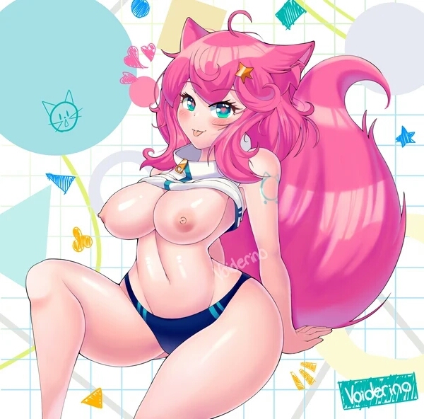 anime_onegai arms_behind_back big_breasts blue_eyes blue_thong blush breasts cat_ears cat_tail dengeki_onegai heart_in_eye latam_virtual_youtuber looking_at_viewer nyami_g one_leg_up pink_hair short_hair tattoo_on_arm tongue_out virtual_youtuber voiderino watermark