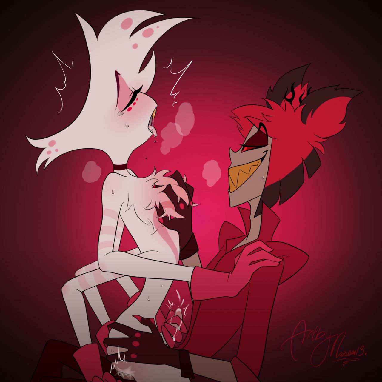 2boys, alastor (hazbin hotel), anal, anal sex, angel dust (hazbin hotel), ass, blush, breasts, chest tuft, choker, closed eyes, clothed, cum, cum on ass, cum on hand, cumming, deer, demon, grabbing ass, grabbing penis, hand on ass, hand on breast, hand on penis, hazbin hotel, jerking, looking pleasured, male, male only, male penetrated, male penetrating, masturbation, naked, nude, open mouth, orgasm, orgasm face, penis, pleasure, pleasure face, red hair, sitting on lap, smile, smiling, spider, tongue, tongue out, vivienne medrano, white body, white hair, yaoi
