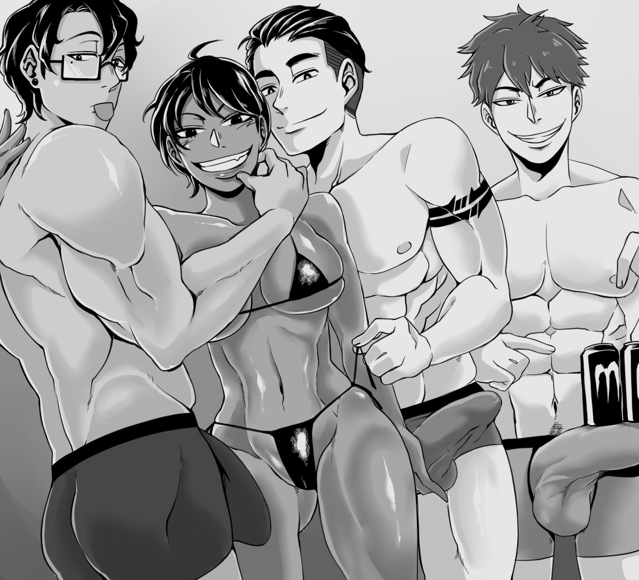 1girls, 3boys, balls, balls caress, big penis, bulge, childhood friend, deaf (artist), female, foursome, friends, imminent sex, male, multiple boys, multiple males, penis, pubic hair, swimsuit, tattoo, tomboy