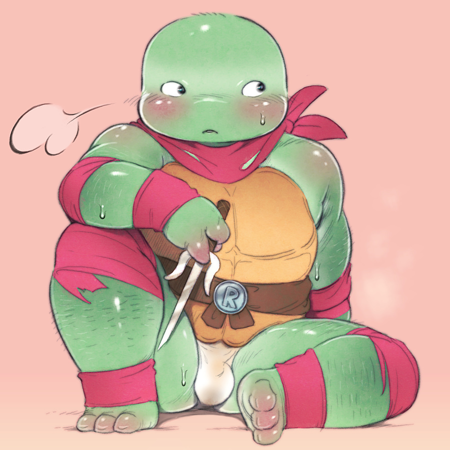 2021 anthro blush bodily_fluids bulge clothing green_body kdmn male overweight overweight_anthro overweight_male reptile scalie simple_background sitting solo sweat teenage_mutant_ninja_turtles turtle underwear young