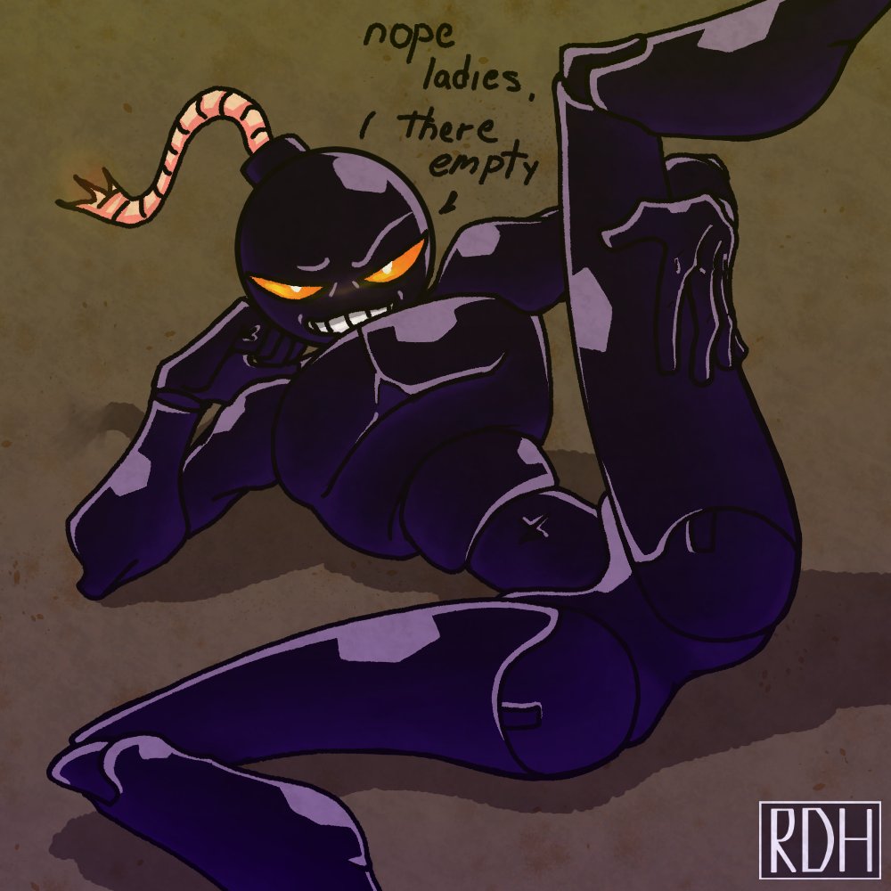 anthro, dialog, dialogue, english text, fan character, friday night funkin, laying on side, no genitals, non-human, open legs, rainbow duckhead (artist), seducing, seductive, seductive eyes, seductive look, seductive smile, smile, smiling, whitty (friday night funkin)