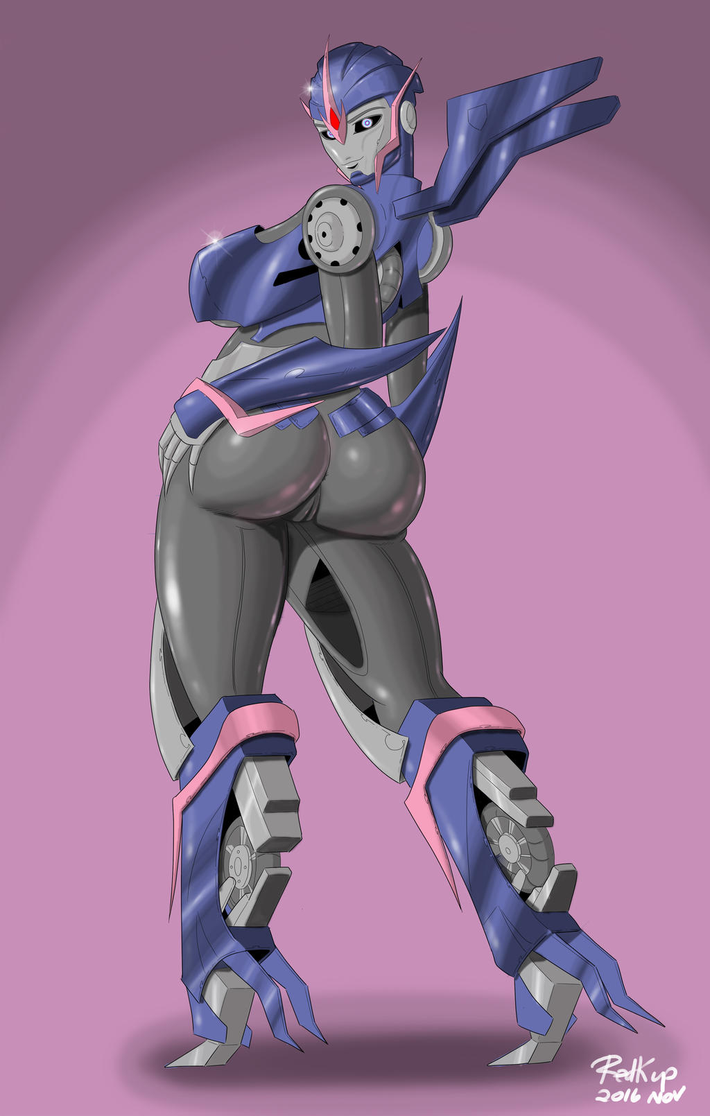 1girls, 2016, 2d, arcee, arcee (prime), artist signature, ass, back view, big ass, big breasts, big butt, blue eyes, breasts, built-in high heels, female, female only, grey body, high heels, looking at viewer, looking back, pussy, rear view, reddkup, robot, robot girl, solo, solo female, thick ass, thick thighs, transformers, transformers prime, vagina
