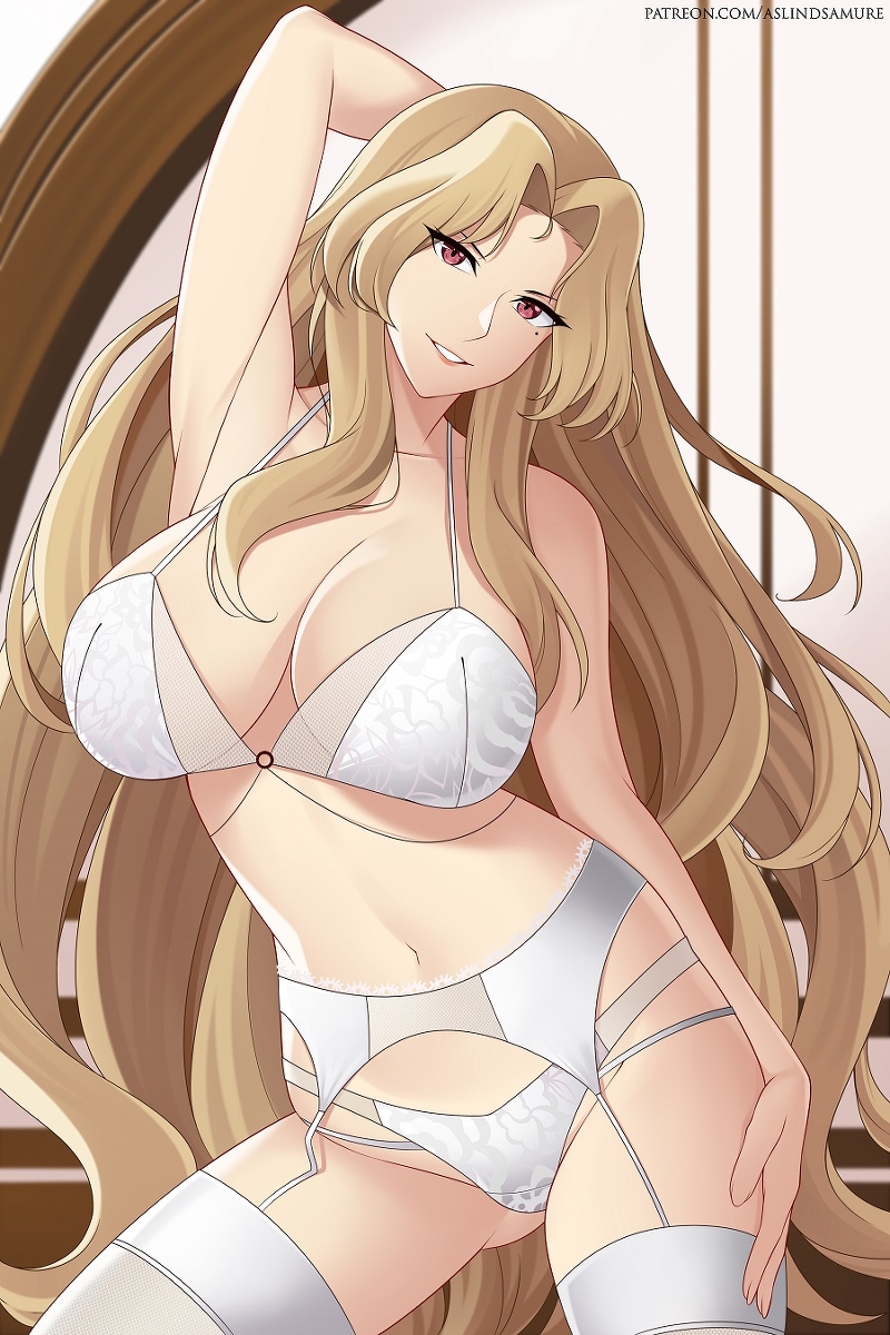 arm behind head, aslindsamure, bikini, blonde hair, breasts, daidouji (senran kagura), female, garter belt, garter straps, long hair, mole, panties, patreon, red eyes, senran kagura, sidelocks, smile, swimsuit, url