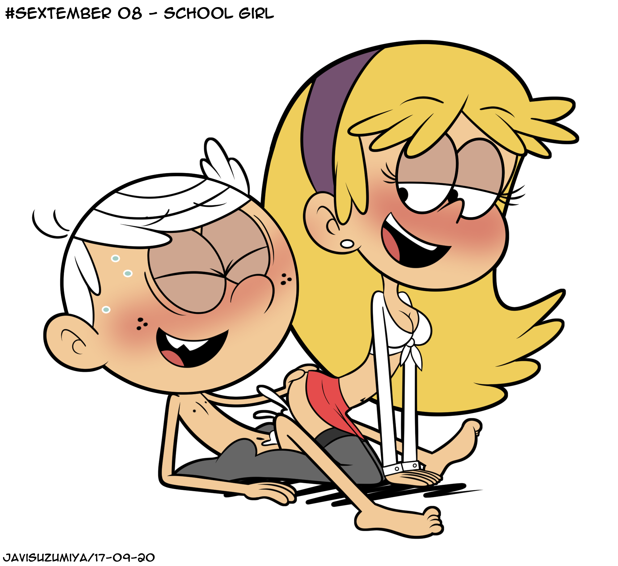 1boy, 1girls, accurate art style, blonde hair, blush, carol pingrey, clothed female, clothed female nude male, completely nude, cum, cum inside, female, female on top, female penetrated, female/male, javisuzumiya, lincoln loud, male, nickelodeon, nude, nude male, revealing clothes, the loud house, white background, white hair
