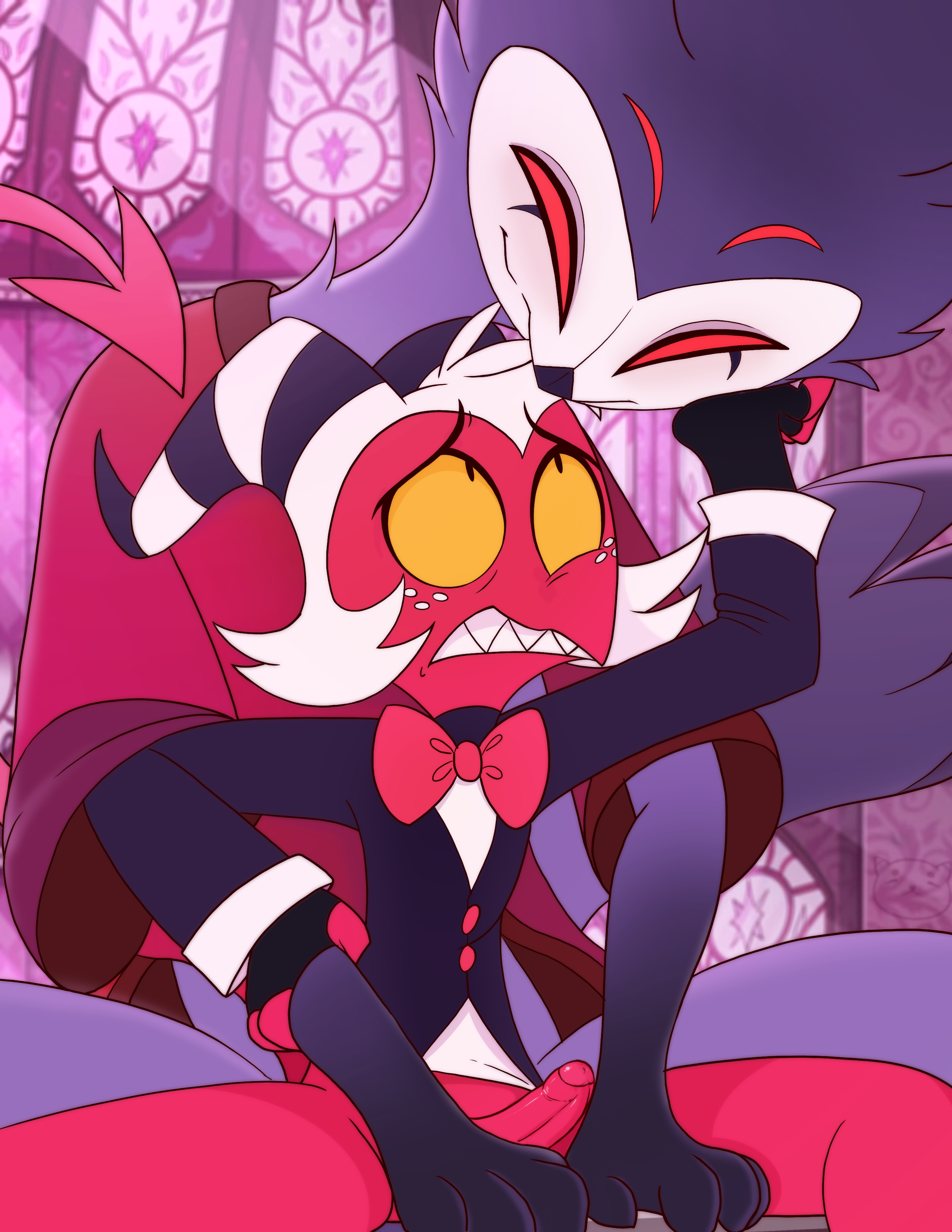 2 horns, 2boys, absurd res, anal, avian, bird, black body, black feathers, blush, bodily fluids, chest tuft, demon, duo, eyebrows, feathers, feet, fingers, floating, foreskin, freckles, genitals, grey body, grey feathers, hair, half-closed eyes, helluva boss, hi res, horn, imp, larger male, long tail, male, male only, moxxie (helluva boss), narrowed eyes, owl, owl demon, penis, red body, red skin, size difference, smaller male, space, stolas (helluva boss), toes, tricksta, tuft, uncircumcised, vivienne medrano, yaoi, yellow sclera
