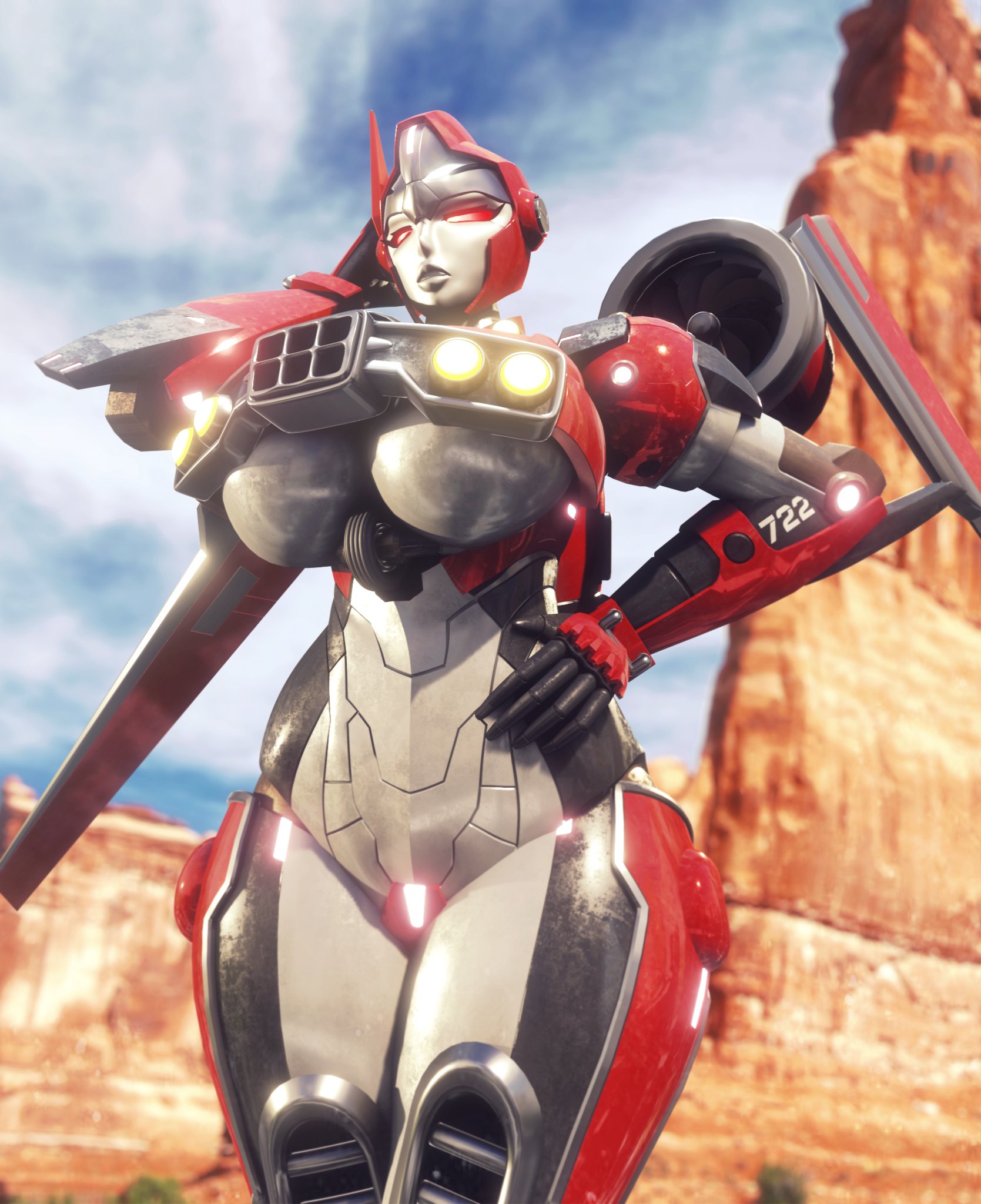 1girls, 3d, alien, alien girl, big breasts, breasts, bumblebee movie, busty, crotch plate, curvaceous, curves, curvy, curvy body, curvy female, curvy figure, female, female only, grey body, grey skin, hand on hip, machine, mad-project, mechanical, red eyes, robot, robot girl, shatter (transformers), solo, solo female, thick legs, transformers, trawert