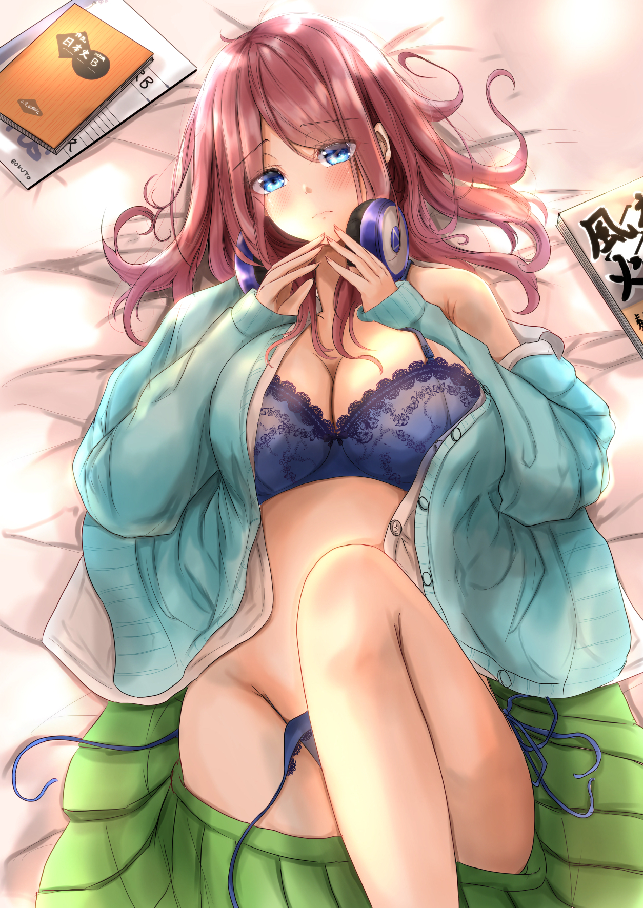 1girls, ayachanman, bangs, bare shoulders, bed, big breasts, blue cardigan, blue eyes, blush, books, bra, breasts, brown hair, cardigan, cleavage, closed mouth, clothing, eyebrows visible through hair, female, go-toubun no hanayome, green skirt, hair between eyes, headphones, headphones around neck, highres, lace, lace bra, large breasts, long hair, long sleeves, looking at viewer, lying, lying on back, nakano miku, off shoulder, on back, on bed, open clothes, panties, shirt, shy, side-tie panties, skirt, underwear, untied panties, white shirt