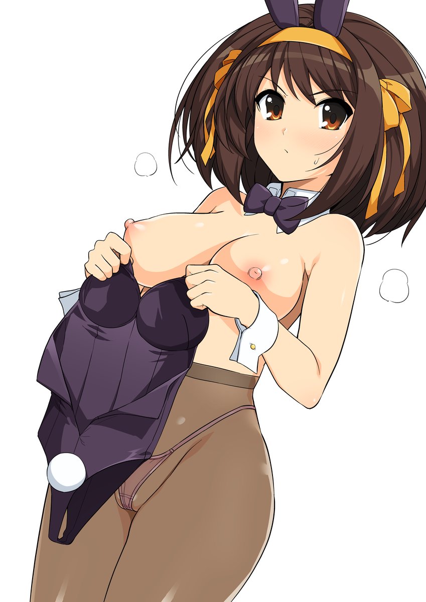 1girls, breasts, bunnysuit, clothing, fake animal ears, female, haruhisky, large breasts, medium breasts, nipples, panties, panties under pantyhose, pantyhose, solo, suzumiya haruhi, suzumiya haruhi no yuuutsu, topless
