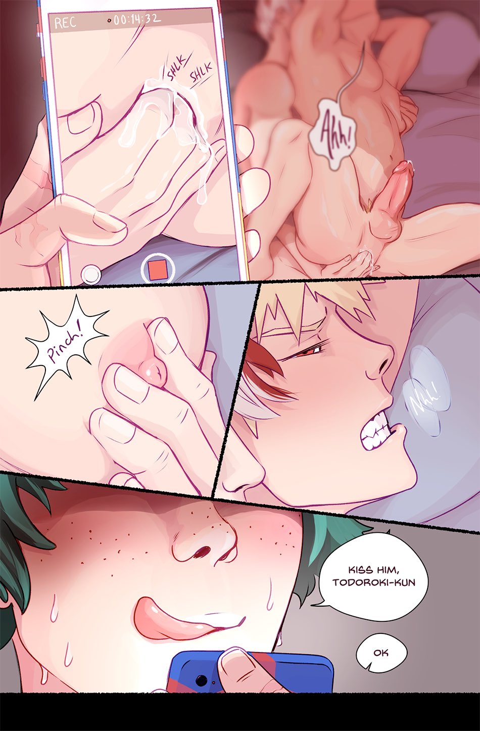 3boys anal_fingering blonde_hair bodily_fluids english_text fingering fingers_in_ass gay green_hair gritted_teeth izuku_midoriya katsuki_bakugou legs_apart male male_only multiple_boys my_hero_academia nipple_pinch nipples nude_male penis phone phone_screen reallycorking recording red_eyes shouto_todoroki text text_bubble tongue yaoi