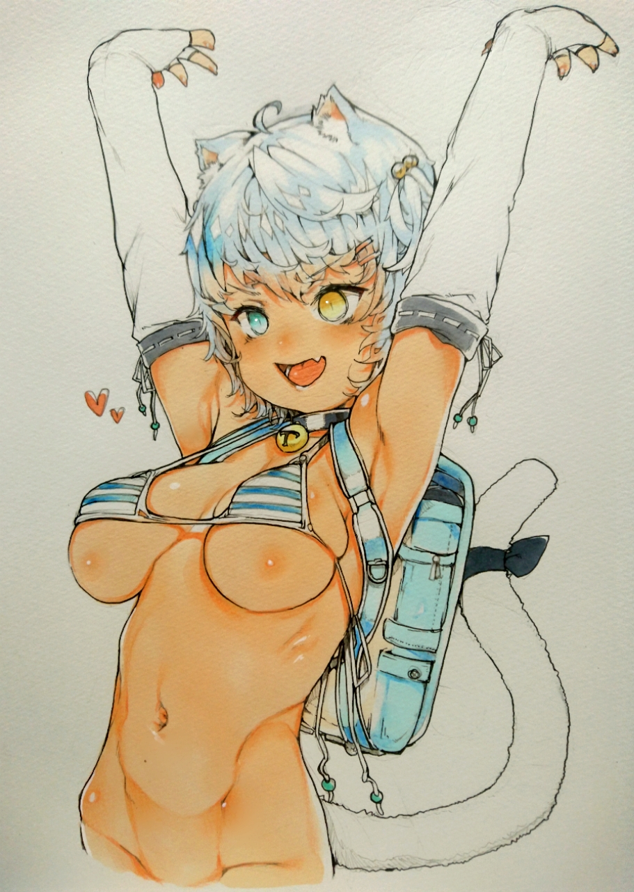 arms_up cat_ears huge_breasts smile smiling subspiweek swimsuit