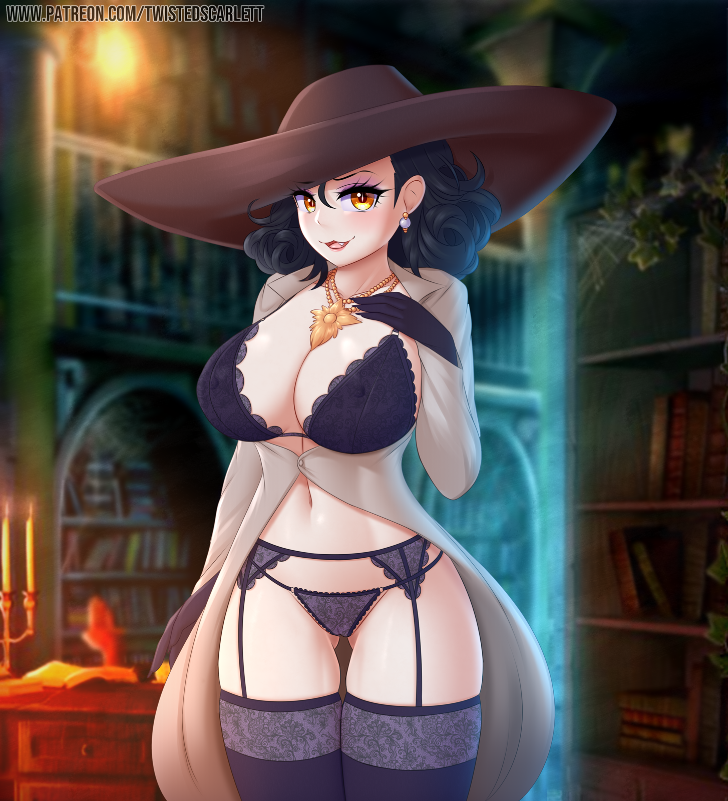 :3, 1girls, alcina dimitrescu, big breasts, black bra, black hair, black panties, breasts, capcom, fangs, female, hat, higher resolution available, lingerie, looking at viewer, red lipstick, resident evil, resident evil 8: village, smile, solo, twistedscarlett60, vampire, yellow eyes