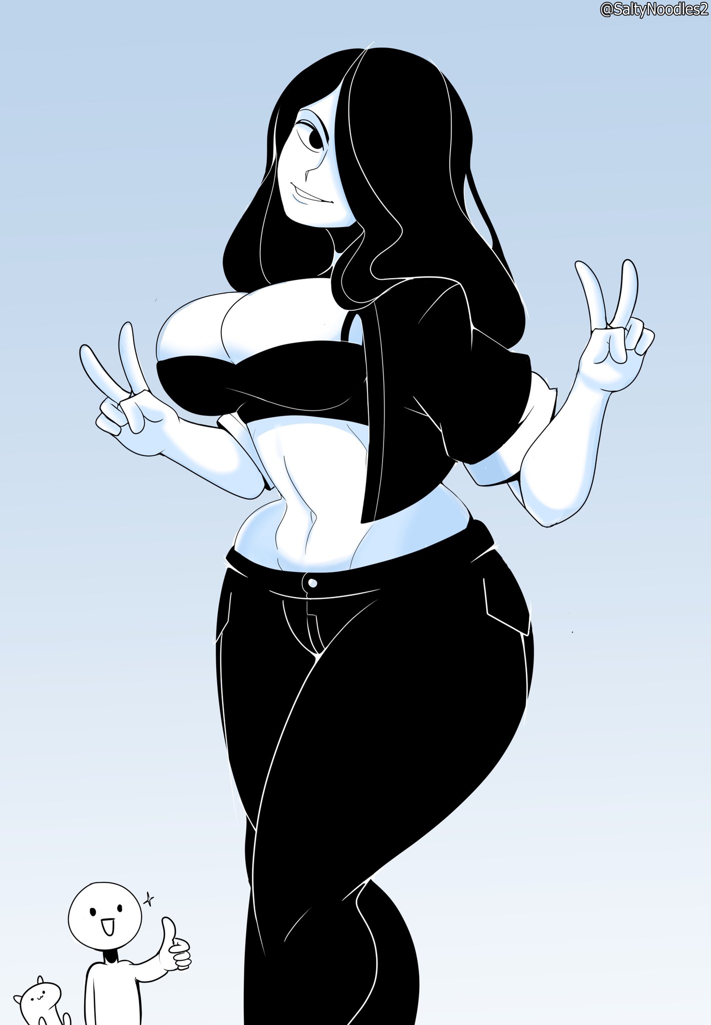 1girls, 5 fingers, belly, big breasts, black eyes, black hair, breasts, clothes, female, female only, hair, hair over one eye, hips, human, human only, humanoid, large breasts, long hair, looking at viewer, monochrome, navel, nila (telepurte), saltynoodles, simple background, smile, smiling, smiling at viewer, solo focus, source request, standing, thick, thick thighs, thighs, v, voluptuous, wide hips
