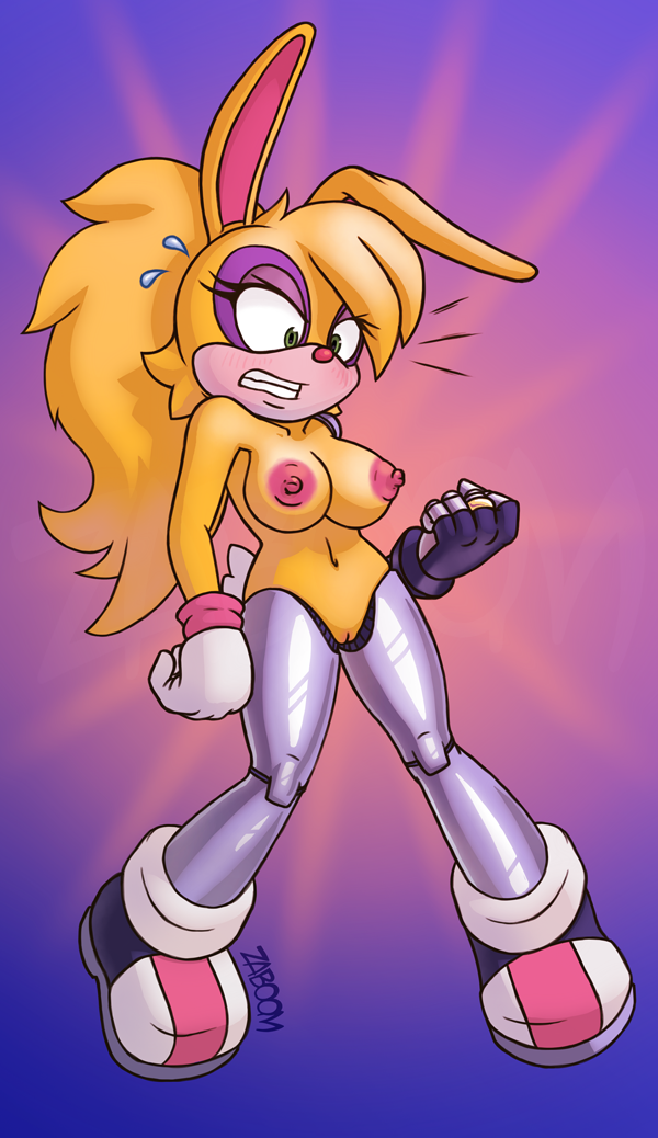 anthro archie_comics blonde_hair blush breasts bunnie_rabbot cyborg eyelashes eyeshadow female female_only green_eyes long_ears looking_down nipples pink_nose ponytail pussy rabbit sega sonic_(series) sonic_the_hedgehog_(archie) sonic_the_hedgehog_(comics) sonic_the_hedgehog_(series) white_body yellow_body zaboom