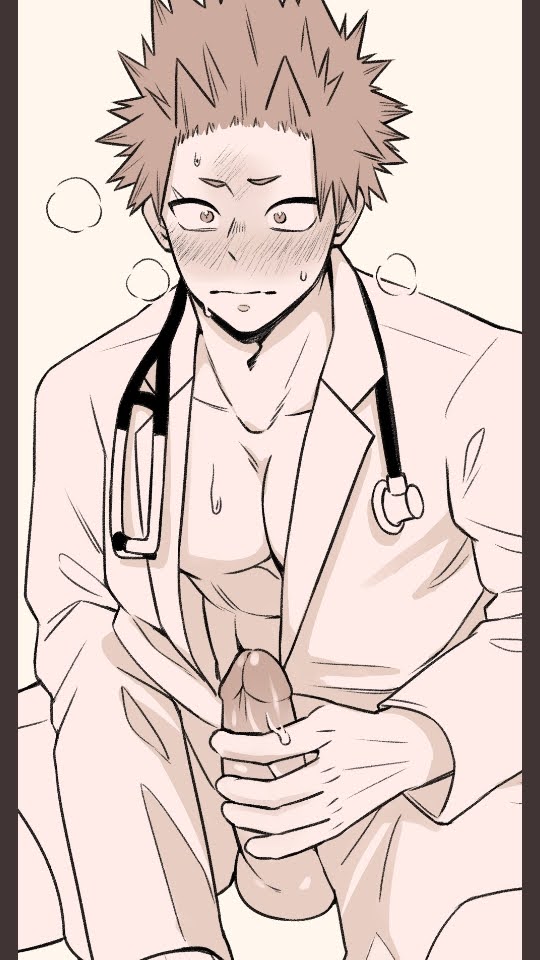 1boy, blushing, clothed, eijirou kirishima, erect penis, erection, gay, hands on penis, katsuki bakugou, looking at viewer, male, male only, my hero academia, open clothes, open pants, open smile, pants open, penis, penis out, precum, staring, sweating, yaoi