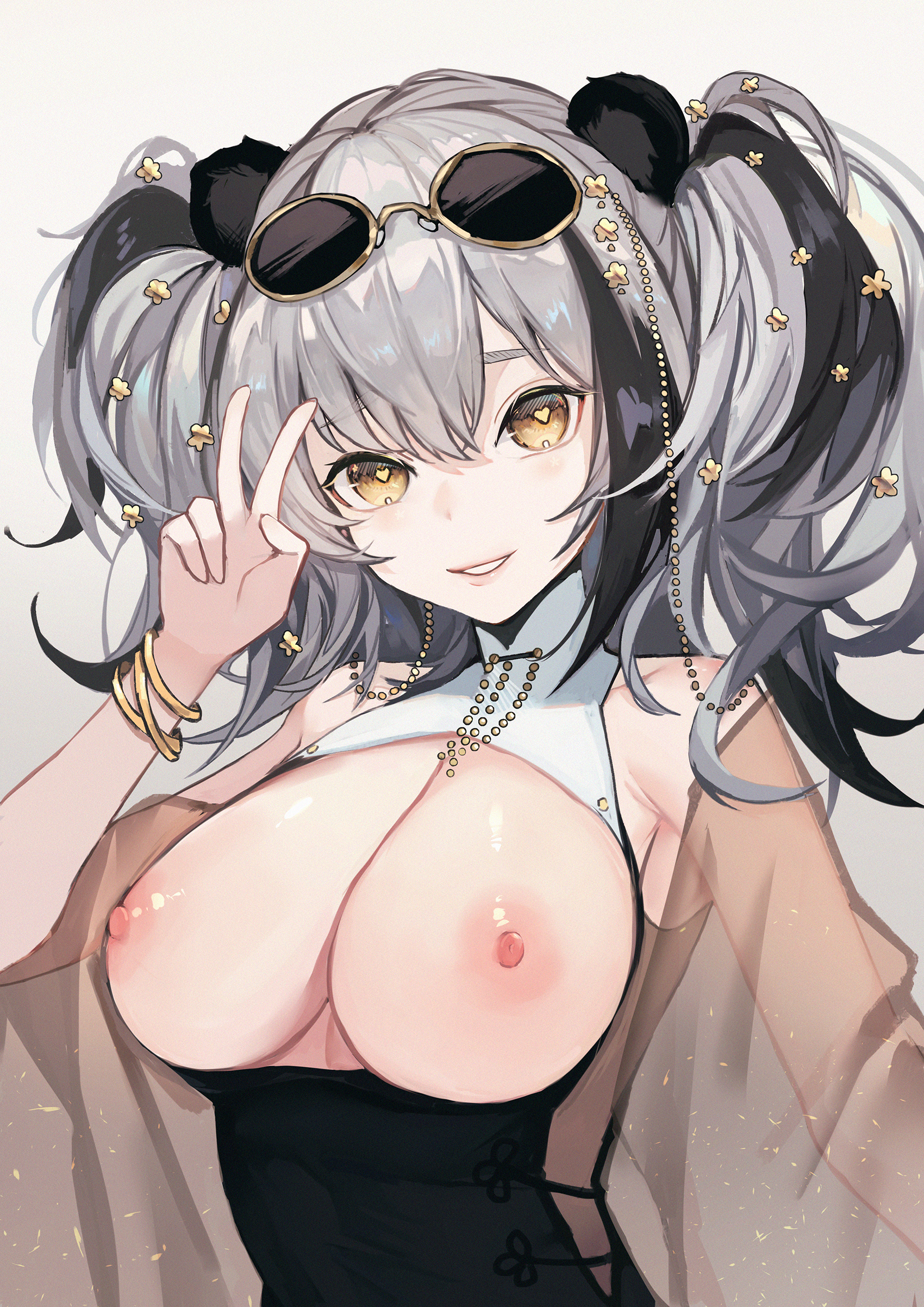 animal ears, areolae, arknights, artist request, bare shoulders, bear ears, big breasts, bracelets, breasts, breasts out, exposed breasts, feater (arknights), female, glasses, glasses on head, grey hair, hair accessory, heart-shaped pupils, highres, looking at viewer, nipples, posing, see-through, short hair, smile, v, v sign, white background, yellow eyes, 番薯
