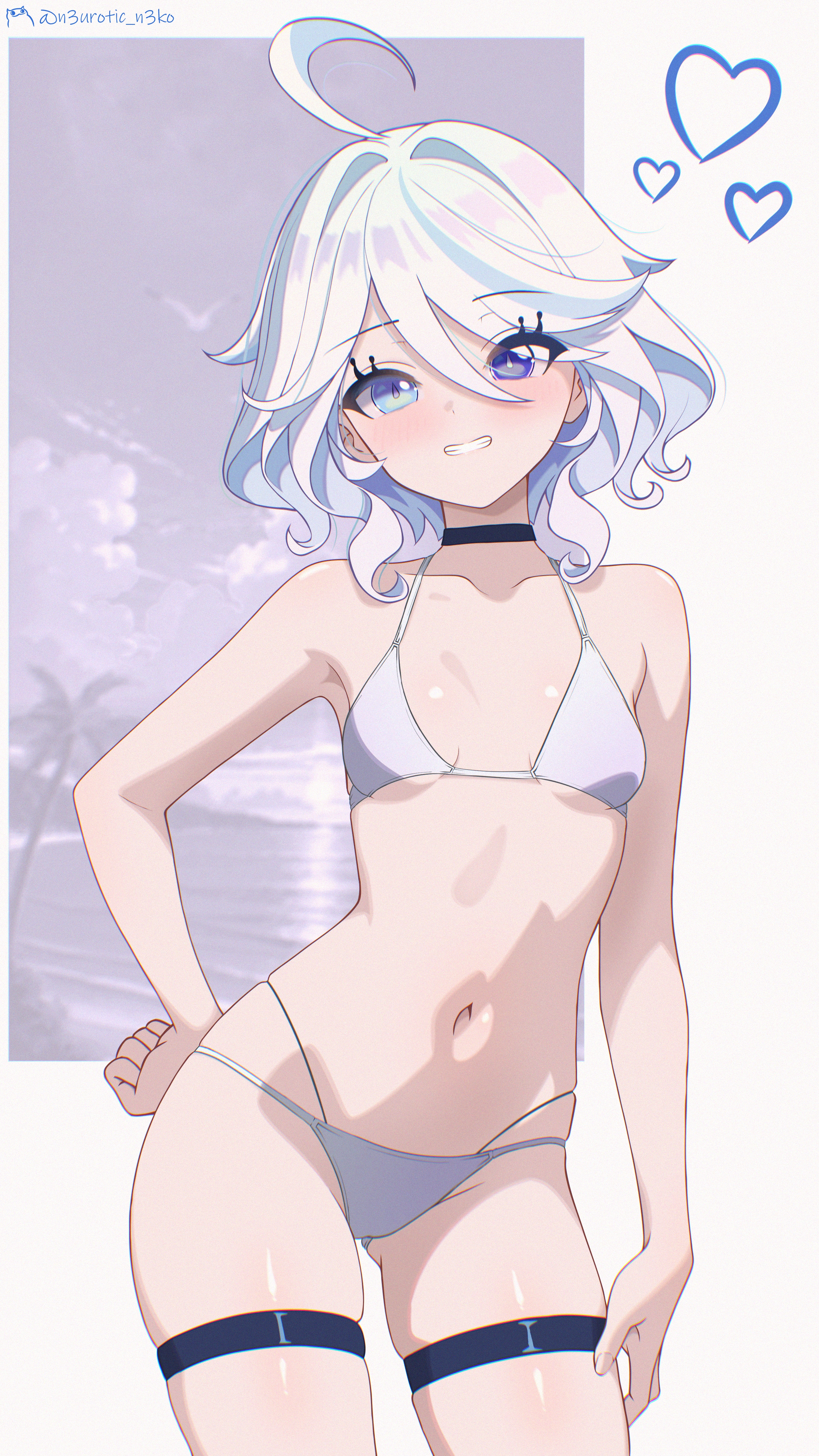 1girl, 1girls, ahoge, ass visible through thighs, bangs, bare arms, bare shoulders, bikini, bikini bottom, bikini top, black choker, blue eyes, blue eyes female, blue hair, blue-eyed female, blush, breasts, choker, collarbone, contrapposto, cowboy shot, female, female only, furina (genshin impact), genshin impact, grin, hair between eyes, hand on hip, hand on own thigh, heart, hoyoverse, looking at viewer, medium hair, mihoyo, navel, neurotic neko, short hair, short hair female, short-haired female, skindentation, small breasts, smile, smiling, smiling at viewer, sole female, solo, swimsuit, thigh belt, thigh strap, white bikini, white bikini bottom, white bikini top, white hair, white hair female, white-haired female