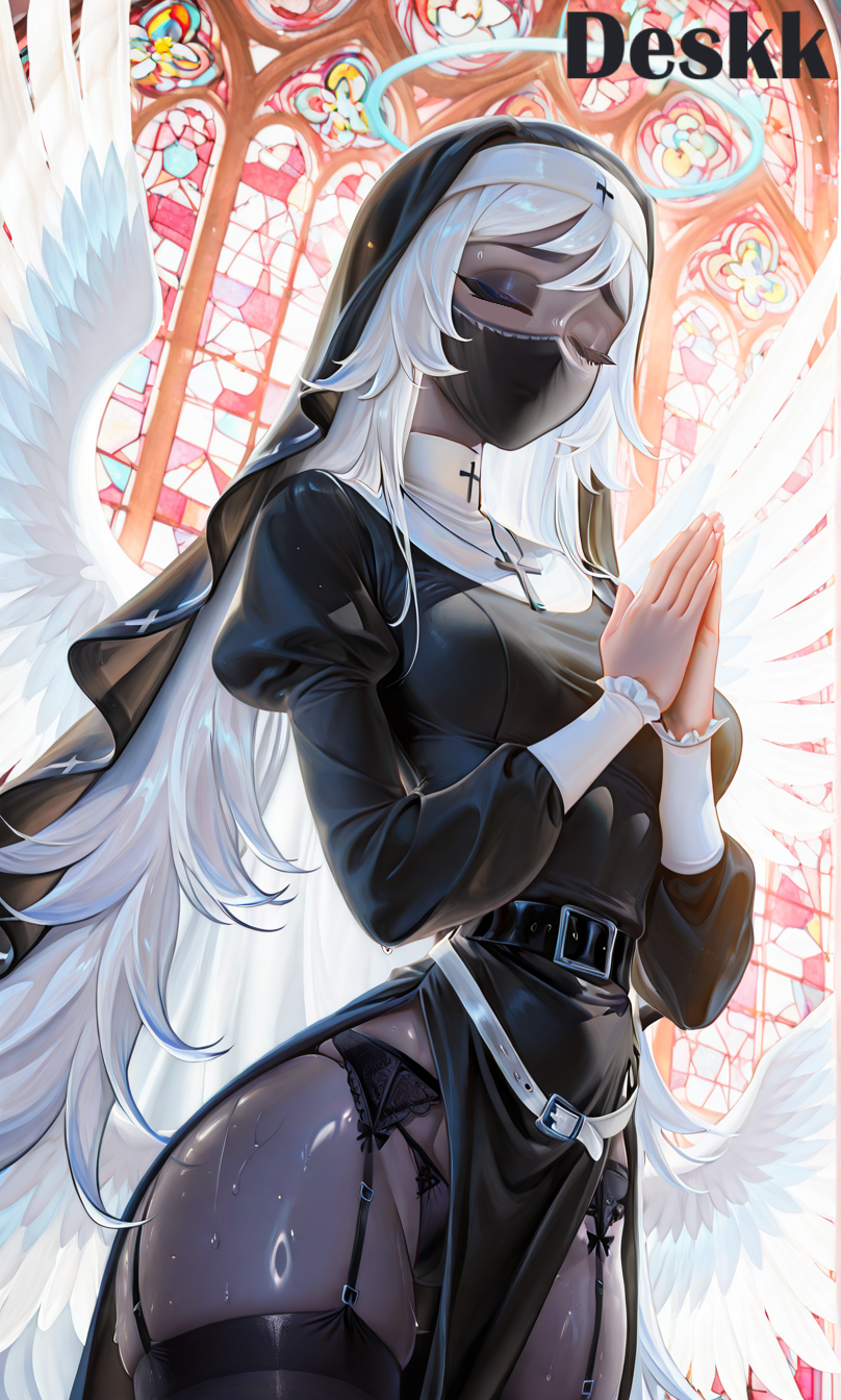 1girls, ai generated, angel, angel girl, angel wings, artist name, black clothing, church, church interior, dark skin, dark-skinned female, deskk, emily (hazbin hotel), eyeshadow, feathered wings, female, halo, hand up, hazbin hotel, hellaverse, hi res, high resolution, long hair, medium breasts, nun, nun outfit, pretty, skirt, solo, stockings, tan, tanlines, teenager, thong, upskirt, vivienne medrano, white hair, white wings, wings