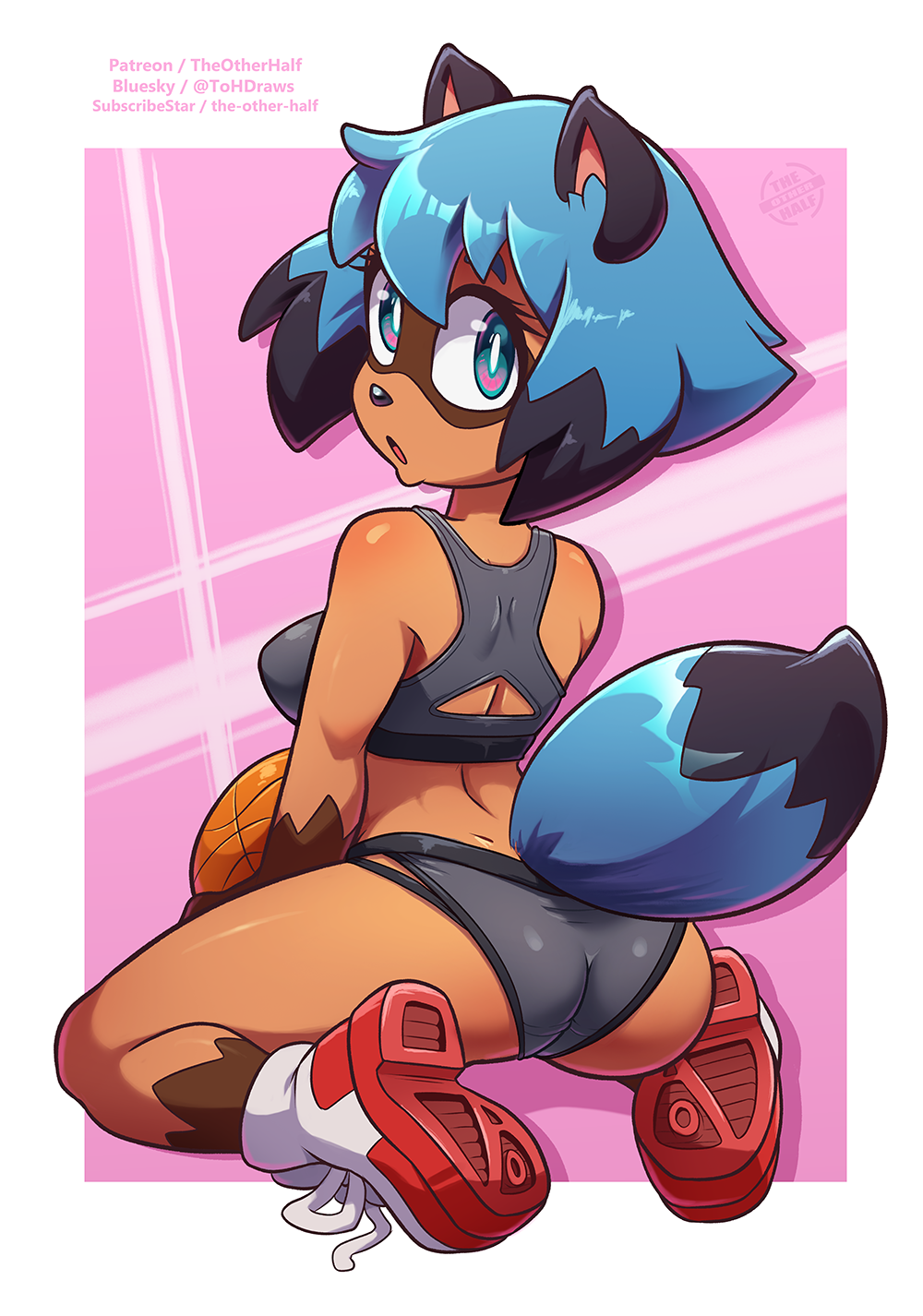 2026, anthro, artist logo, artist name, athletic wear, back groove, ball, basketball (ball), black body, black bra, black clothing, black fur, black highlights, black sports bra, black underwear, blue body, blue fur, blue hair, bottomwear, bra, brand new animal, breasts, brown body, brown fur, canid, canine, clothed, clothed anthro, clothed female, clothing, dipstick tail, eyelashes, female, footwear, fur, gym bottomwear, hair, hi res, highlights (coloring), kneeling, logo, looking at viewer, looking back, looking back at viewer, mammal, markings, michiru kagemori, multicolored body, multicolored clothing, multicolored footwear, multicolored fur, multicolored hair, multicolored shoes, open mouth, panties, raccoon dog, red clothing, red footwear, red shoes, shoes, solo, sports bra, sports panties, studio trigger, tail, tail markings, text, the other half, two tone clothing, two tone footwear, two tone hair, two tone shoes, underwear, underwear outline, white clothing, white footwear, white shoes