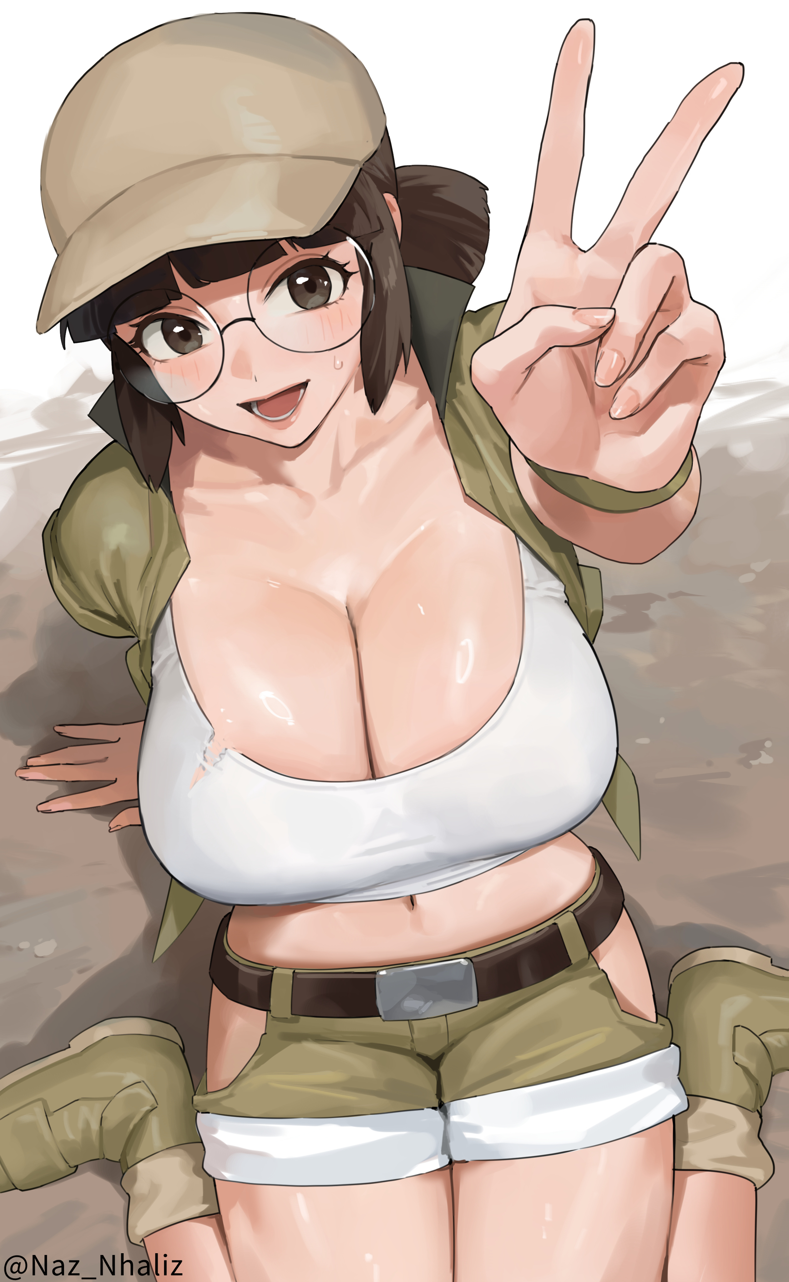 1girls, baseball cap, belt, black belt, boots, breasts, brown eyes, brown hair, brown hat, brown shorts, brown vest, cleavage, clothing cutout, crop top, deep cleavage, field cap, fio germi, glasses, hat, hi res, highres, hip vent, huge breasts, knee pads, load bearing vest, metal slug, navel, nhaliz, open clothes, open vest, outdoors, paid reward available, round eyewear, sandwich, shorts, sidelocks, sitting, sleeveless vest, tongue, utility vest, vest