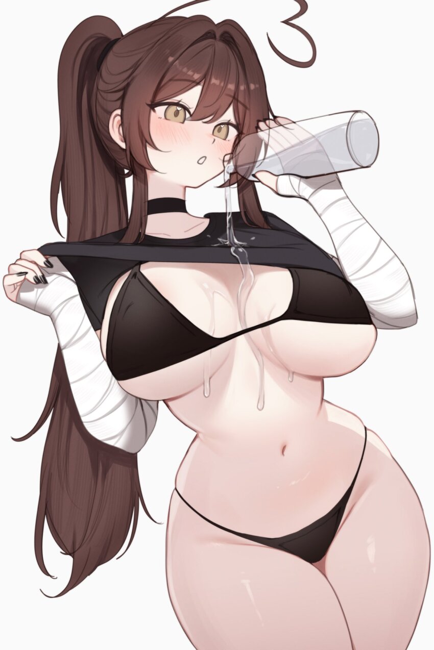 1girls, ahoge, blush, bra, breasts, brown hair, choker, female focus, female only, large breasts, open mouth, panties, ponytail, pouring on self, shirt, shirt lift, simple background, sky (skyaboveme), skyaboveme, solo, solo female, standing, thighs, tied hair, virtual youtuber, water, white background