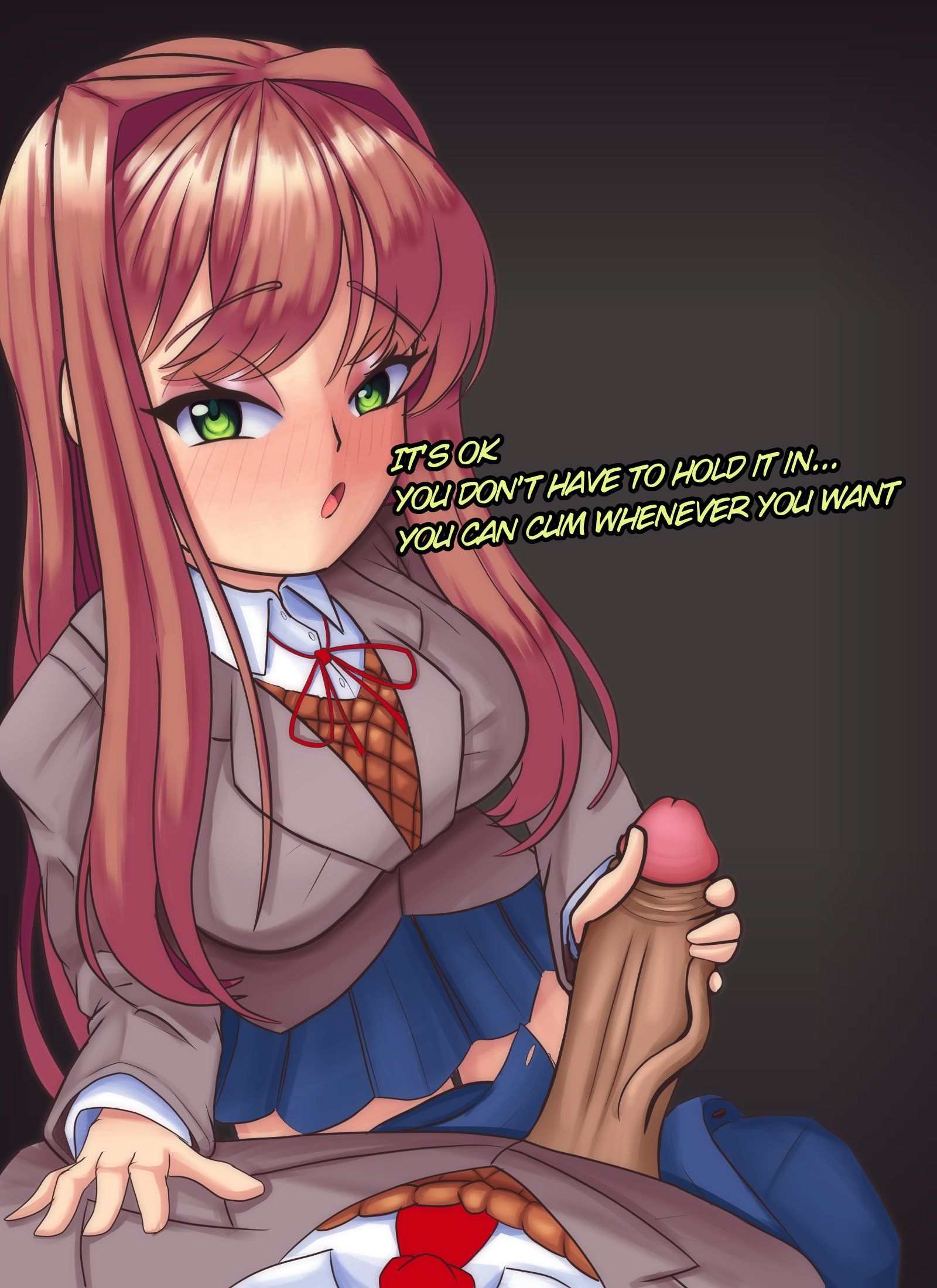 1boy, 1girls, anon, big breasts, blush, breasts, brown hair, busty, clothed, clothed sex, clothing, dialogue, doki doki literature club, english text, eye contact, faceless male, female, female focus, green eyes, hair intakes, half-closed eyes, hand on penis, handjob, hetero, large breasts, light skin, light-skinned female, light-skinned male, long hair, looking at viewer, male, male pov, monika (doki doki literature club), moritaris, narrowed eyes, open mouth, outercourse, penis, penis out, pleated skirt, pov, pov eye contact, school uniform, sex, skirt, straight, talking, tekoki, text, unbuttoned, unbuttoned pants, uniform, unseen male face, unzipped, unzipped pants, you