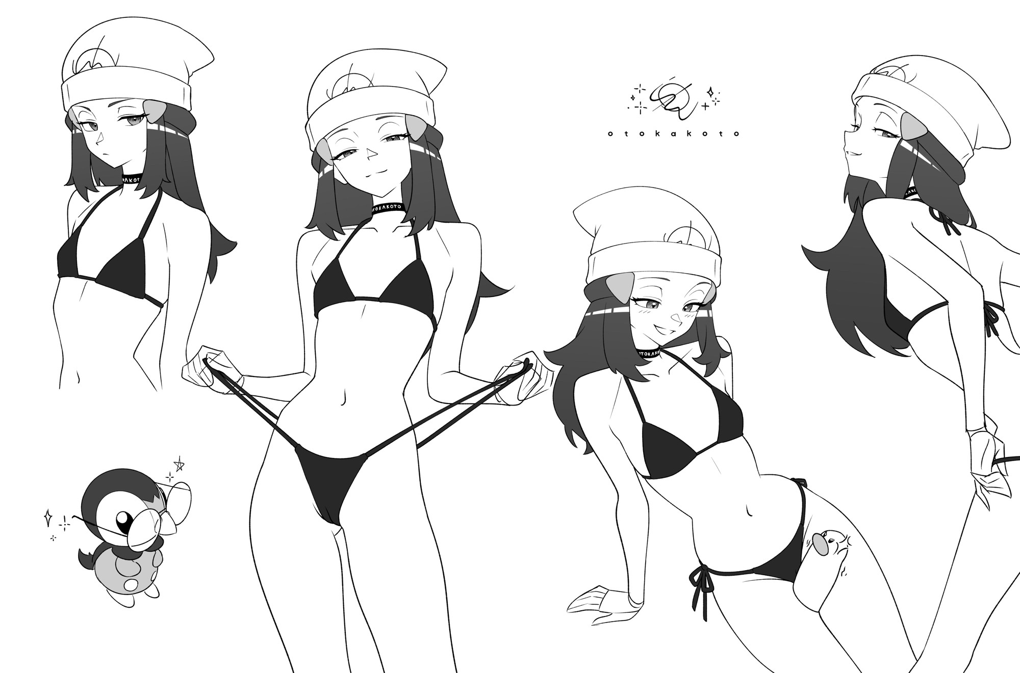 1girls, cool hat, dawn (pokemon), female, highres, looking at viewer, monochrome, otokakoto, piplup, pokemon, pose, posing, thong