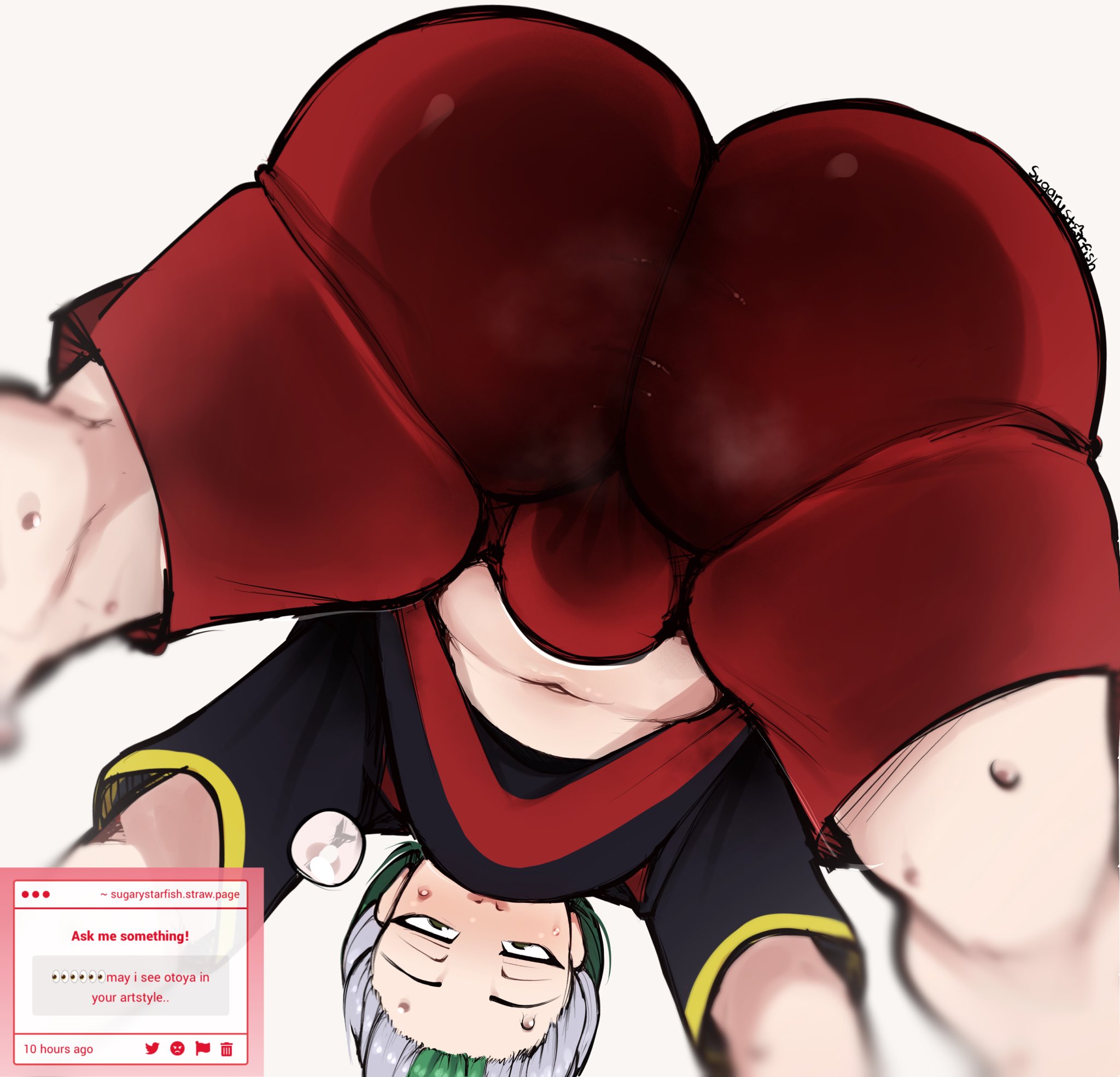 ass, ass focus, below view, blue lock, bulge, bulge through clothing, green hair, otoya eita, red clothing, shorts, sitting, soccer, soccer uniform, sugarystarfish, white hair