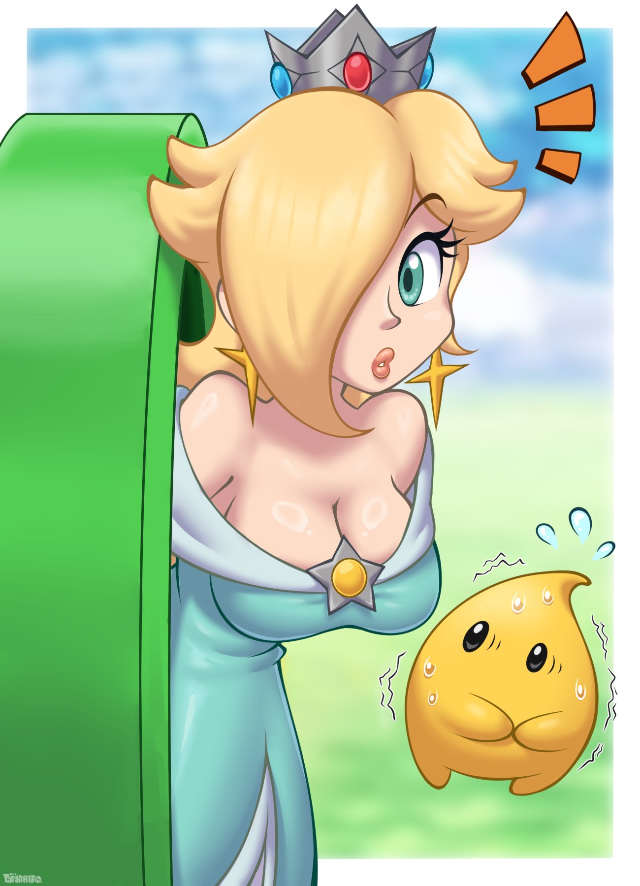artist name, bare shoulders, blonde hair, blue dress, blue eyes, blurry, blurry background, border, breasts, brooch, cajarito, cleavage, commentary, crown, dress, earrings, english commentary, eyelashes, female, flying sweatdrops, hair over one eye, highres, hollow shine, jewelry, large breasts, long hair, looking at viewer, luma, mario (series), meetup in bellabel park, nintendo, off shoulder, off-shoulder dress, outside border, parted lips, princess rosalina, ring light reflection, rosalina, star (symbol), star brooch, star earrings, super mario bros. wonder, super mario bros. wonder + meetup in bellabel park, super mario galaxy, sweat, warp pipe, white border