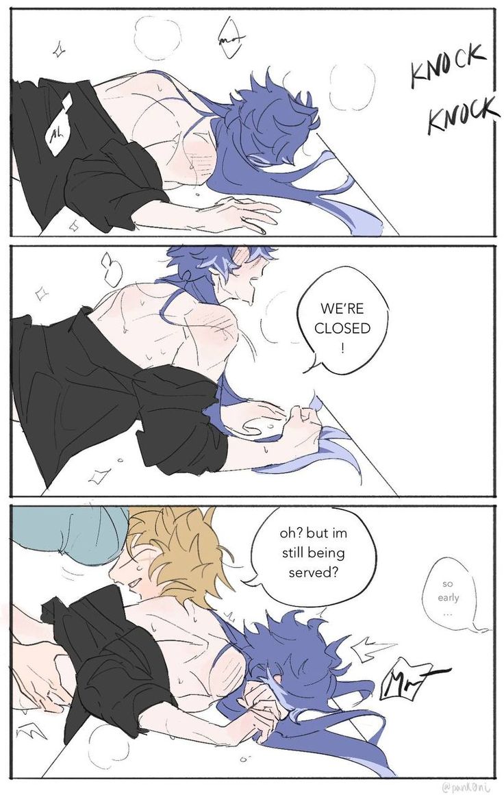 2boys, ambiguous penetration, backshots, blonde hair, blue eyes, blush, english text, flins (genshin impact), from behind, from behind position, gay, gay sex, genshin impact, gripping waist, implied penetration, long hair, long hair male, looking pleasured, lying on stomach, male, male focus, male only, male penetrated, male penetrating, male penetrating male, male/male, moaning, motion lines, pale-skinned male, partially clothed, purple hair, sweat, text, unknown artist, varka (genshin impact), white background, yaoi, yellow eyes