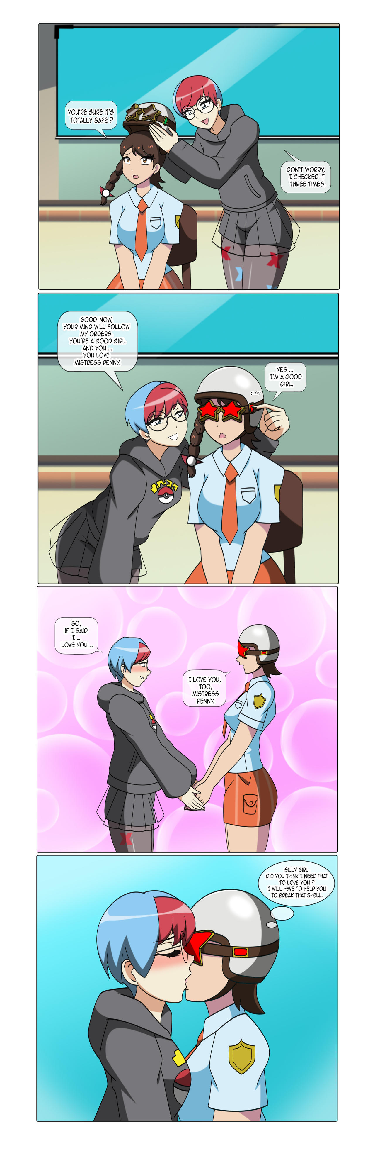2girls, comic, dlobo777, english text, holding hands, hypnosis, hypnotic accessory, hypnotic visor, hypnotized, in love, juliana (pokemon), kissing, mind control, nintendo, penny (pokemon), pokemon, pokemon sv, yuri