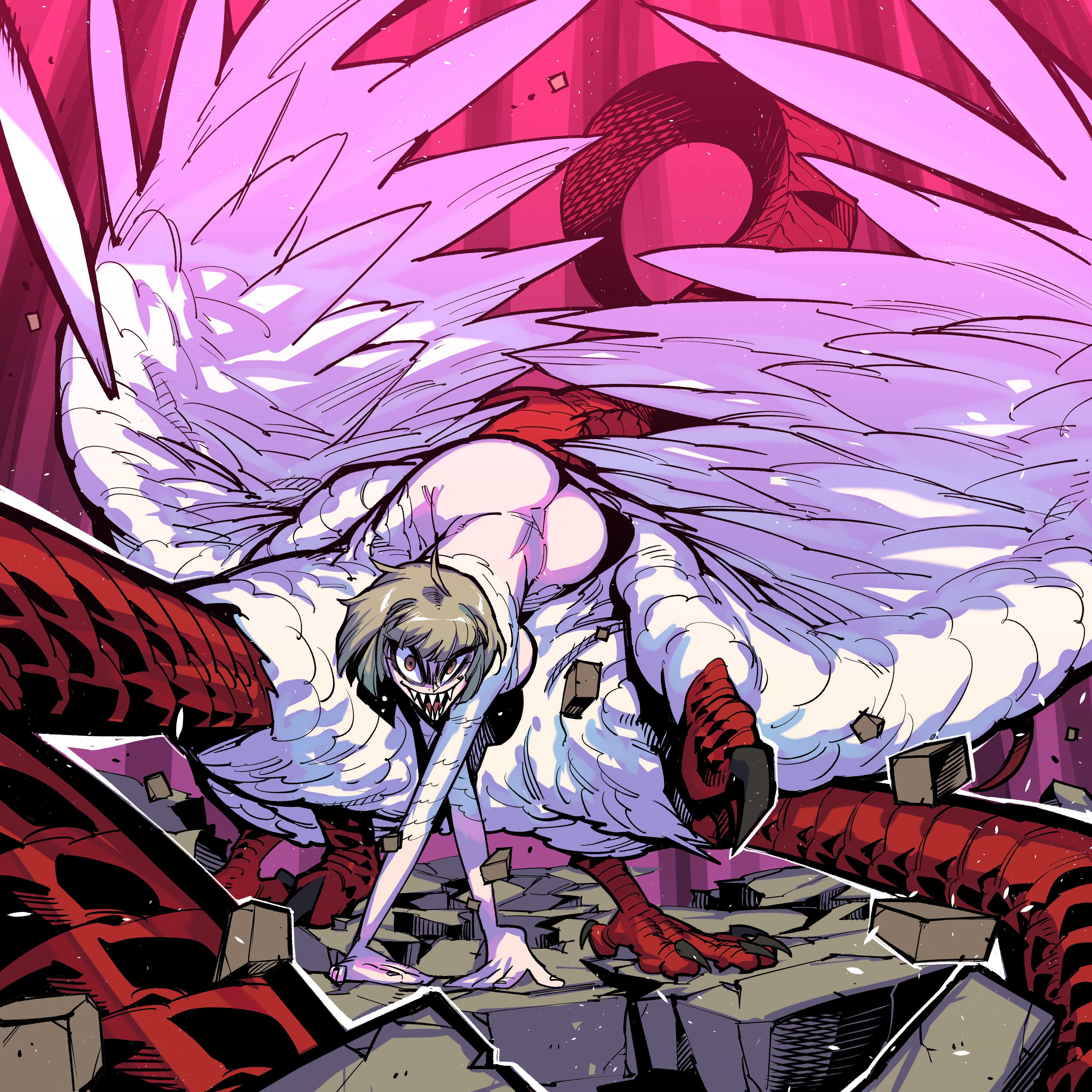 1girls, absurdres, ass, big breasts, big butt, breasts, butt crack, centauroid, chimera, dungeon meshi, falin touden, falin touden (chimera), feathered wings, feathers, highres, huge ass, huge breasts, large breasts, little mojoi, monster girl, red scales, taur, white feathers, wings