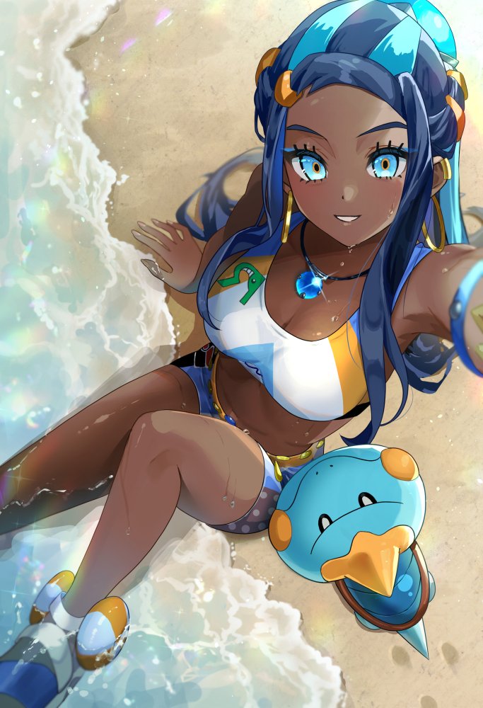 1girls, armlet, armpits, beach, bikini, black hair, blue eyes, blue hair, blush, breasts, chewtle, cleavage, crop top, dark skin, dark-skinned female, earrings, female, from above, hair bun, hoop earrings, jewelry, large breasts, long hair, looking at viewer, looking down, multicolored hair, navel, necklace, nessa (pokemon), parted lips, pokemon, pokemon (creature), pokemon (species), pokemon swsh, setta shu, shorts, single hair bun, sitting, smile, swimsuit, tankini, two-tone hair, water, wet