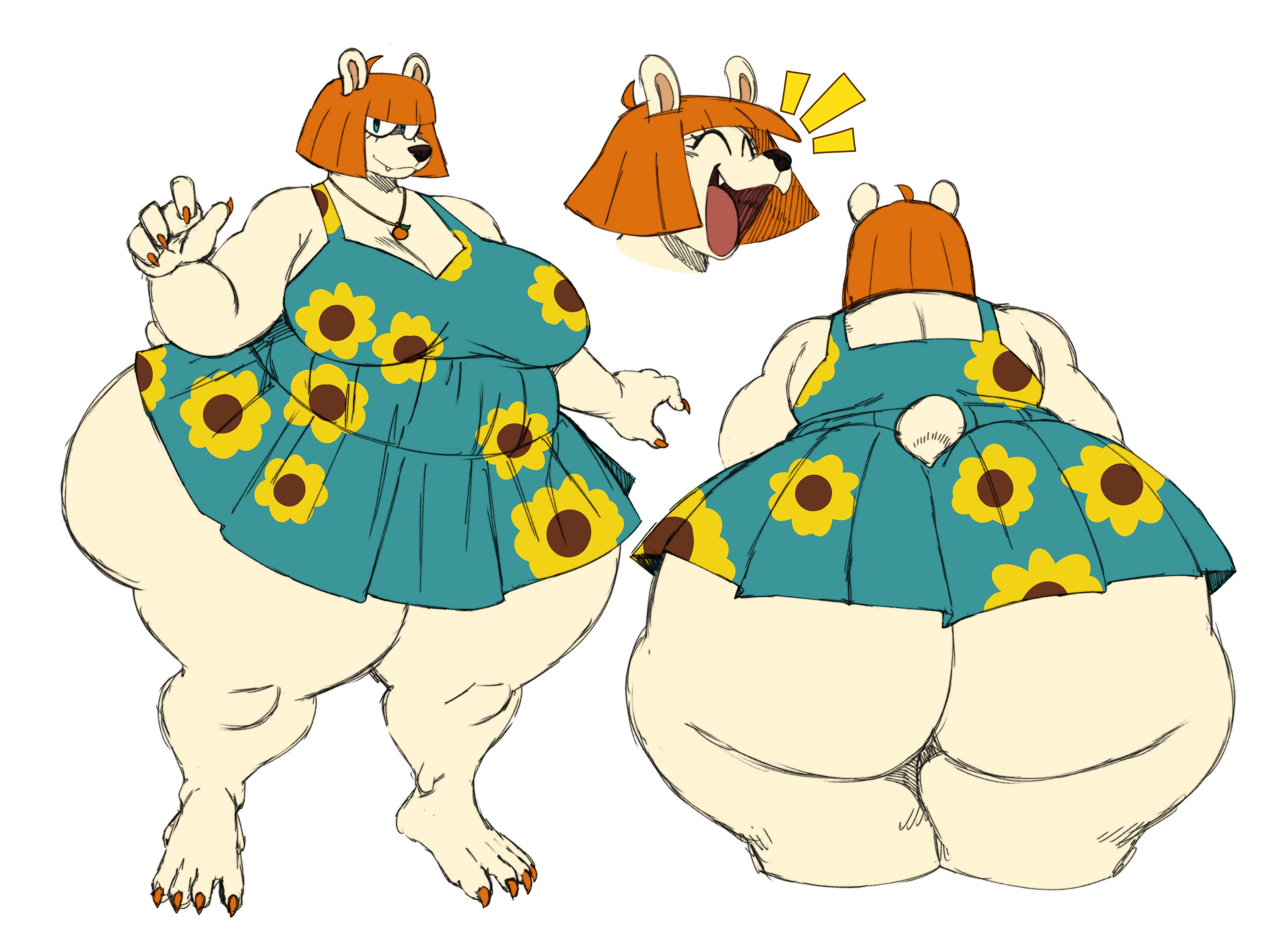 anthro, ass, barefoot, bear, belly, big butt, clothing, dress, feet, female, front view, happy, hi res, huge butt, huge thighs, lina (sssonic2), mammal, rear view, simple background, slightly chubby, slightly chubby anthro, slightly chubby female, solo, sssonic2, sundress, tail, thick thighs, white background, wide hips
